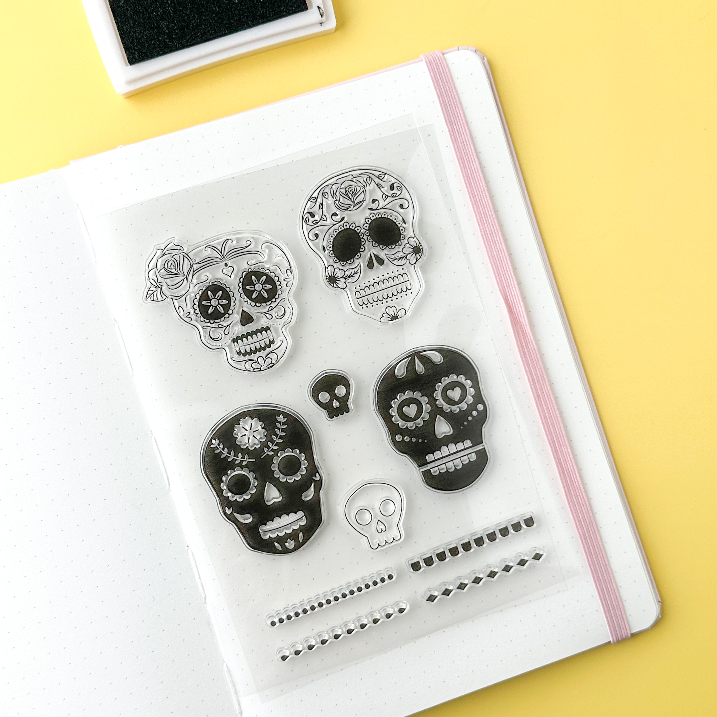 Celebrate Día de Muertos with our Skull Planner Stamps, featuring intricate skull designs. Ideal for adding a festive and cultural touch to your planner spreads. These stamps are sold at BBB Supplies Craft Shop.