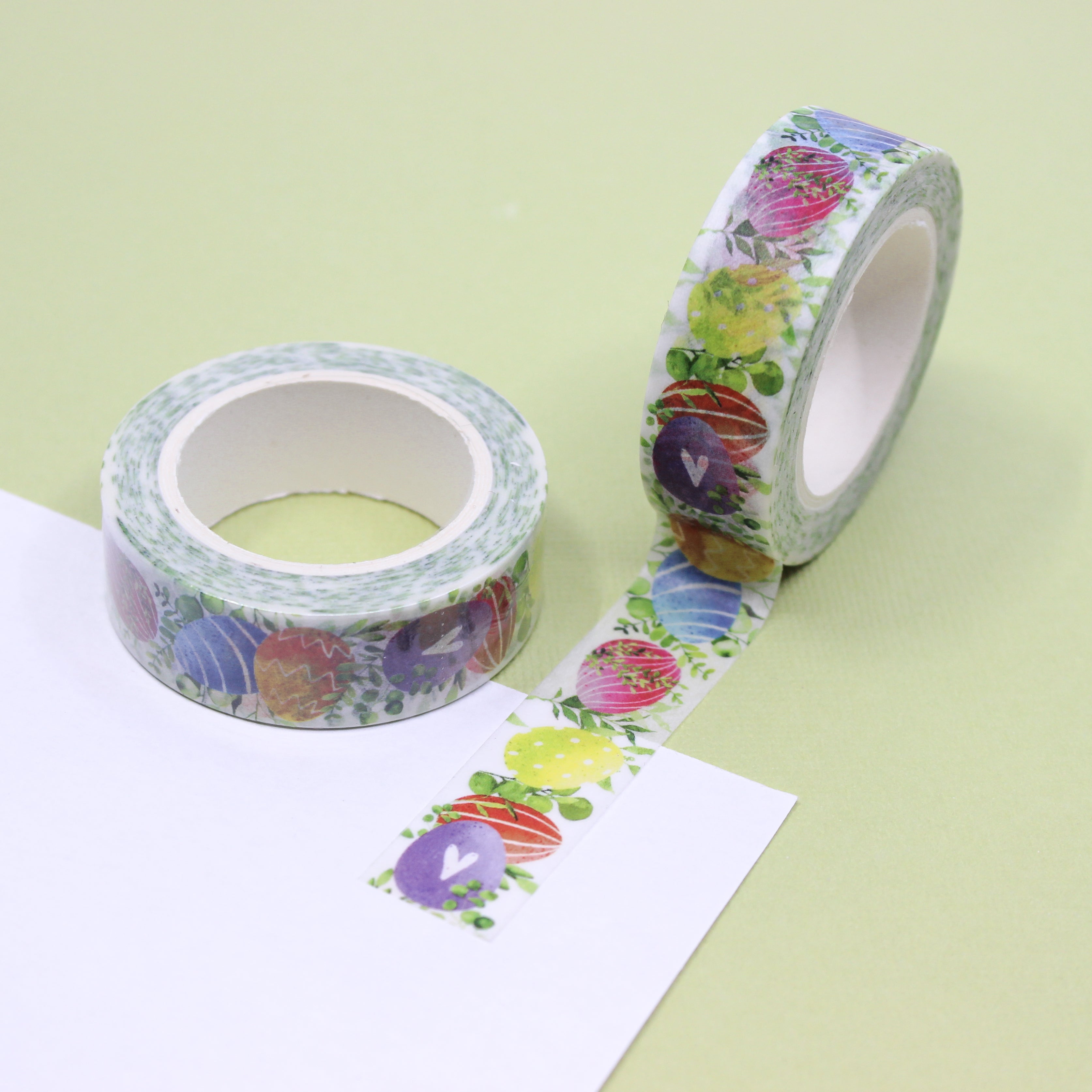 Easter Egg on Grass Washi Tape: Celebrate the season with this charming washi tape featuring colorful Easter eggs nestled in lush green grass, perfect for Easter-themed crafts and decorations. This cute tape is sold at BBB Supplies Craft Shop.