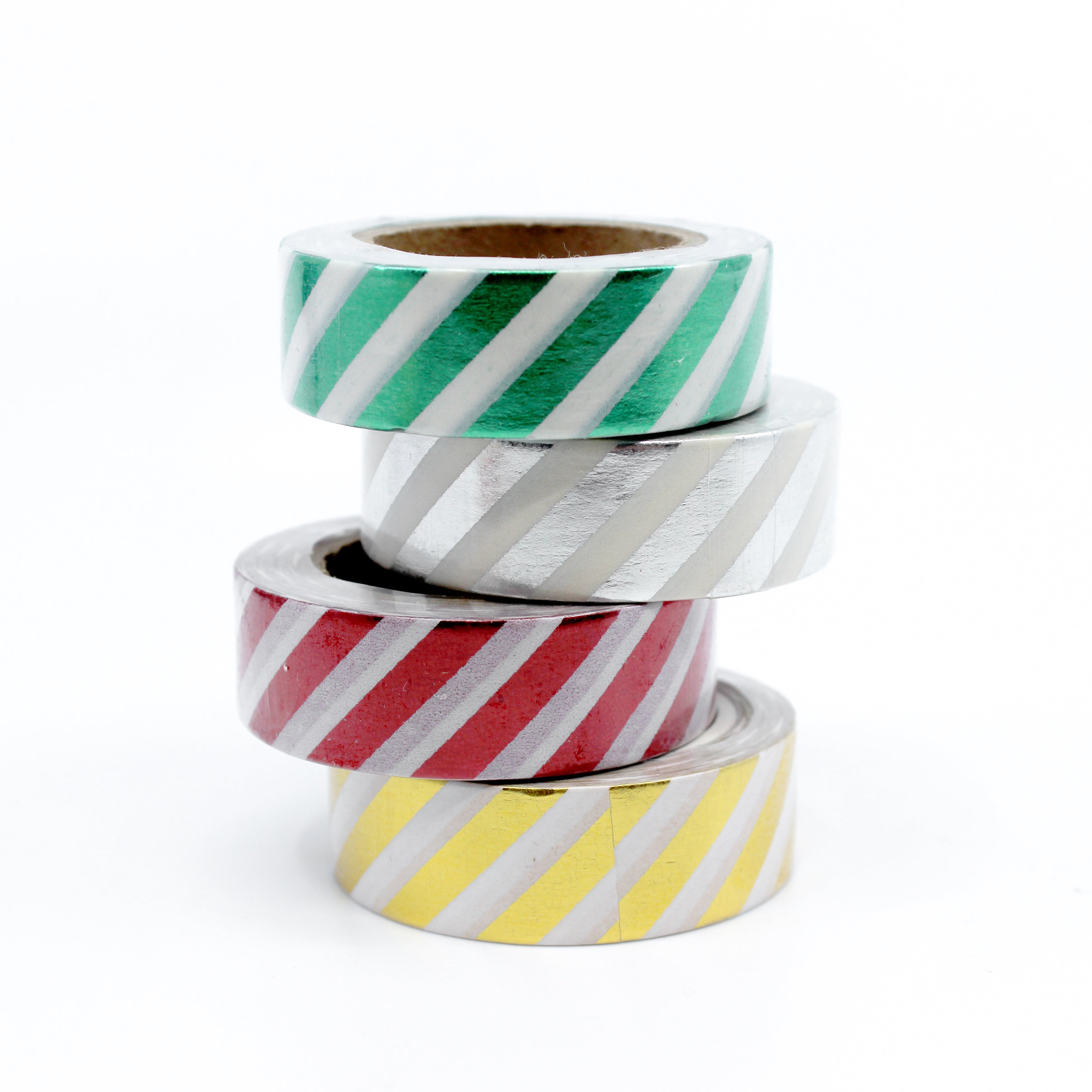 Add a touch of sophistication to your crafts with our diagonal stripe foil washi tape, featuring sleek diagonal stripes in shimmering foil, perfect for creating elegant and eye-catching accents. This tape is sold at BBB Supplies Craft Shop.