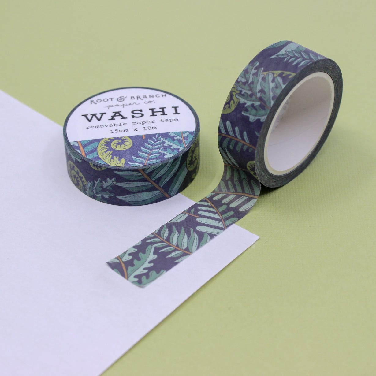 Forest Fern Washi Tape, featuring intricate fern designs, perfect for adding a touch of nature to your projects and crafts. This tape is sold at BBB Supplies Craft Shop and designed by Root & Branch Paper Co.