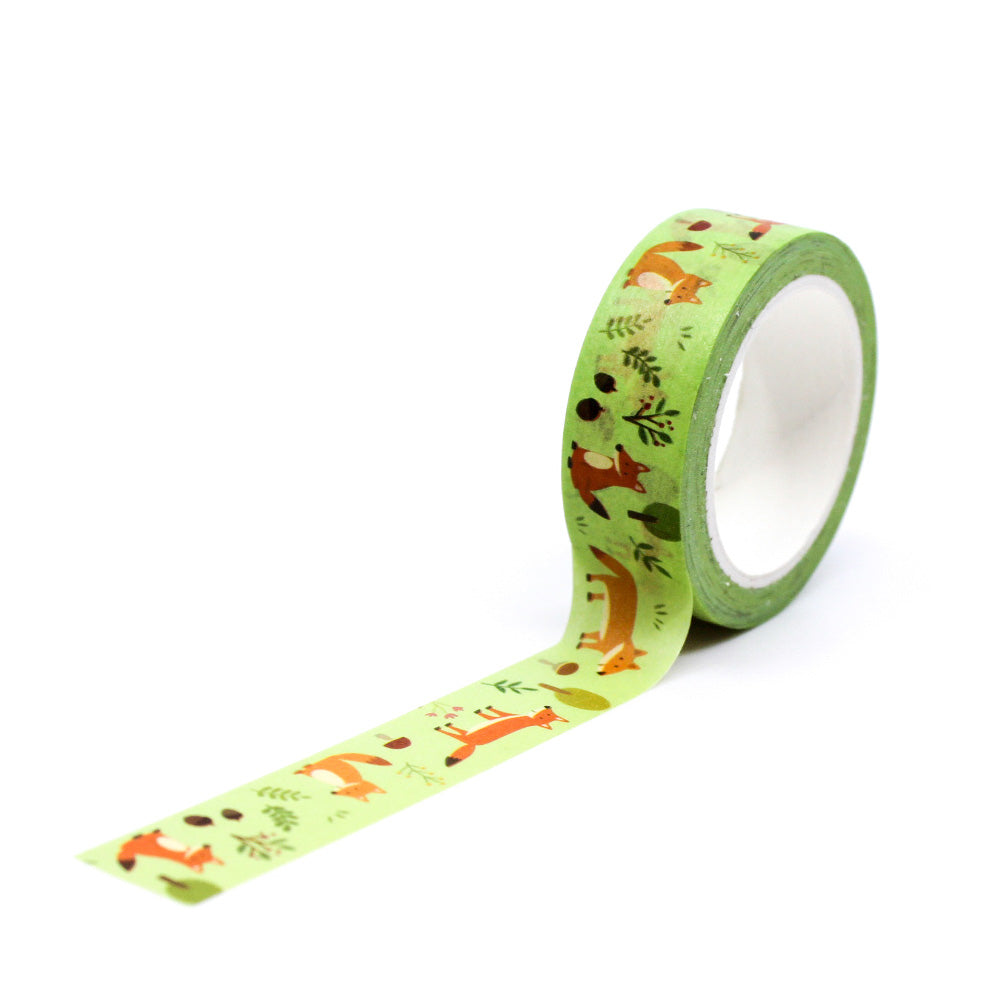  Whimsical Foxes Washi Tape showcases charming fox illustrations, perfect for adding a playful and nature-inspired touch to your crafts, scrapbooking, and more. This tape is from Girl of All Work and sold at BBB Supplies Craft Shop.