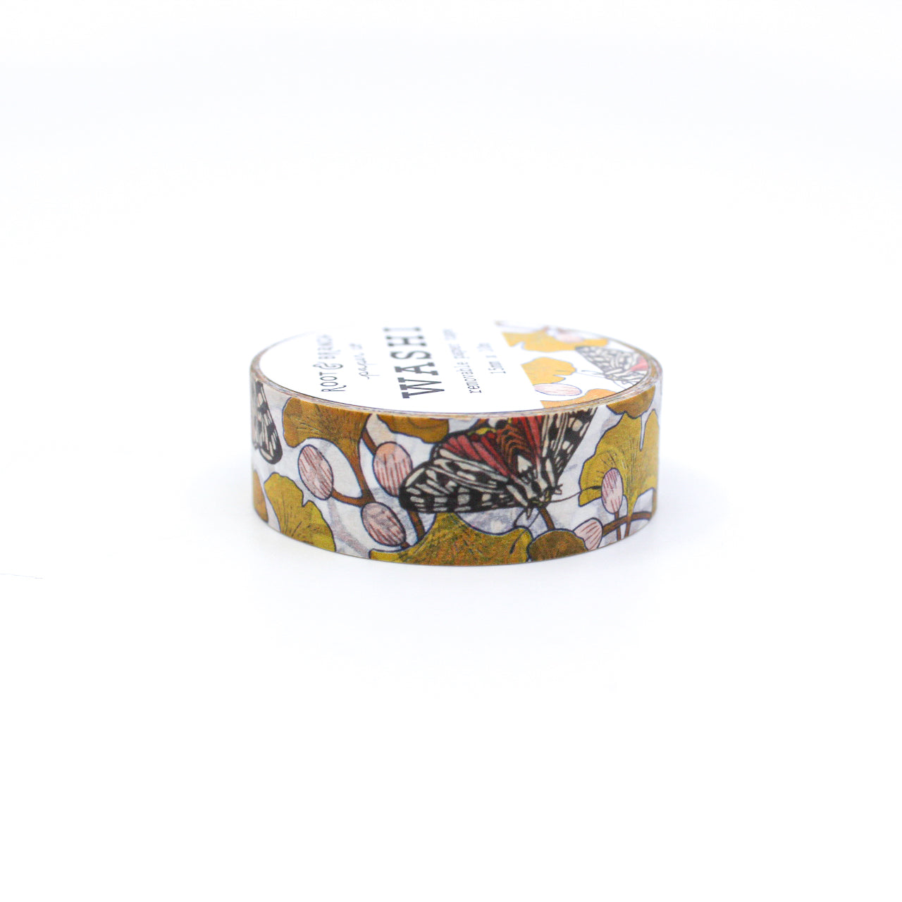 Ginkgo Leaf and Moths Washi Tape, with elegant ginkgo leaves and moths in intricate detail for a touch of nature and sophistication. This tape is sold at BBB Supplies Craft Shop and designed from Root & Branch Paper Co.