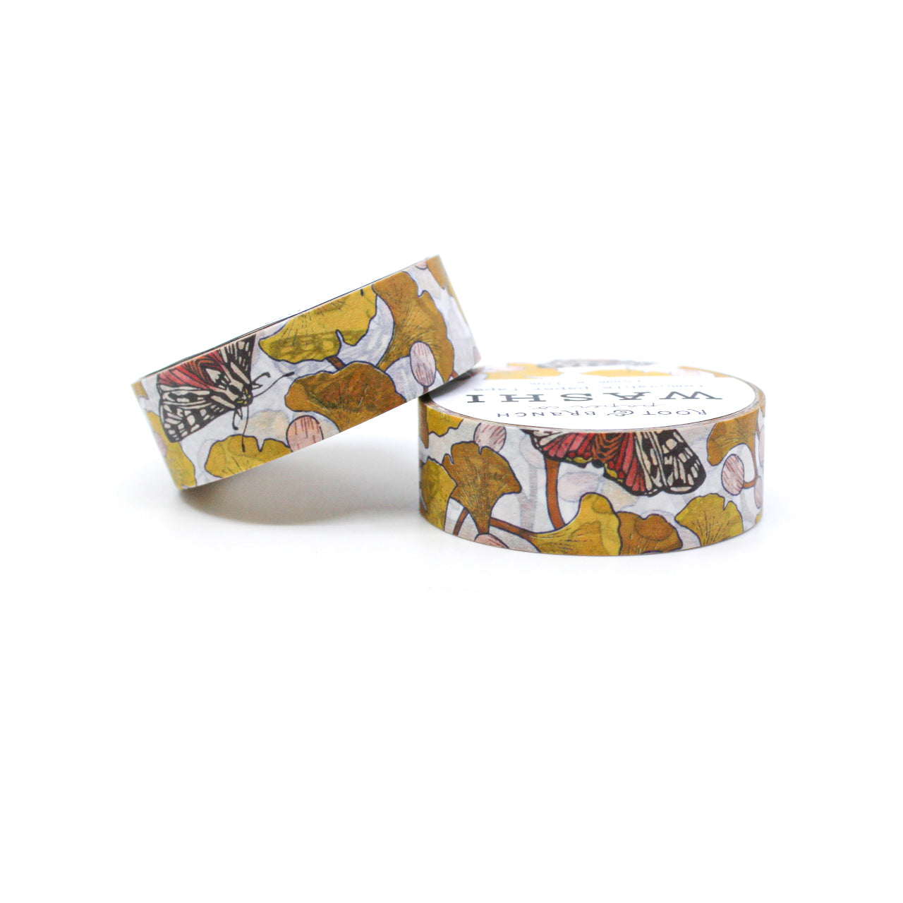 Ginkgo Leaf and Moths Washi Tape, with elegant ginkgo leaves and moths in intricate detail for a touch of nature and sophistication. This tape is sold at BBB Supplies Craft Shop and designed from Root & Branch Paper Co.
