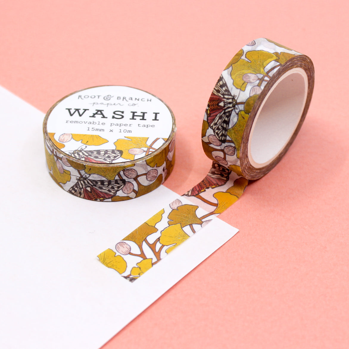 Ginkgo Leaf and Moths Washi Tape, with elegant ginkgo leaves and moths in intricate detail for a touch of nature and sophistication. This tape is sold at BBB Supplies Craft Shop and designed from Root & Branch Paper Co.