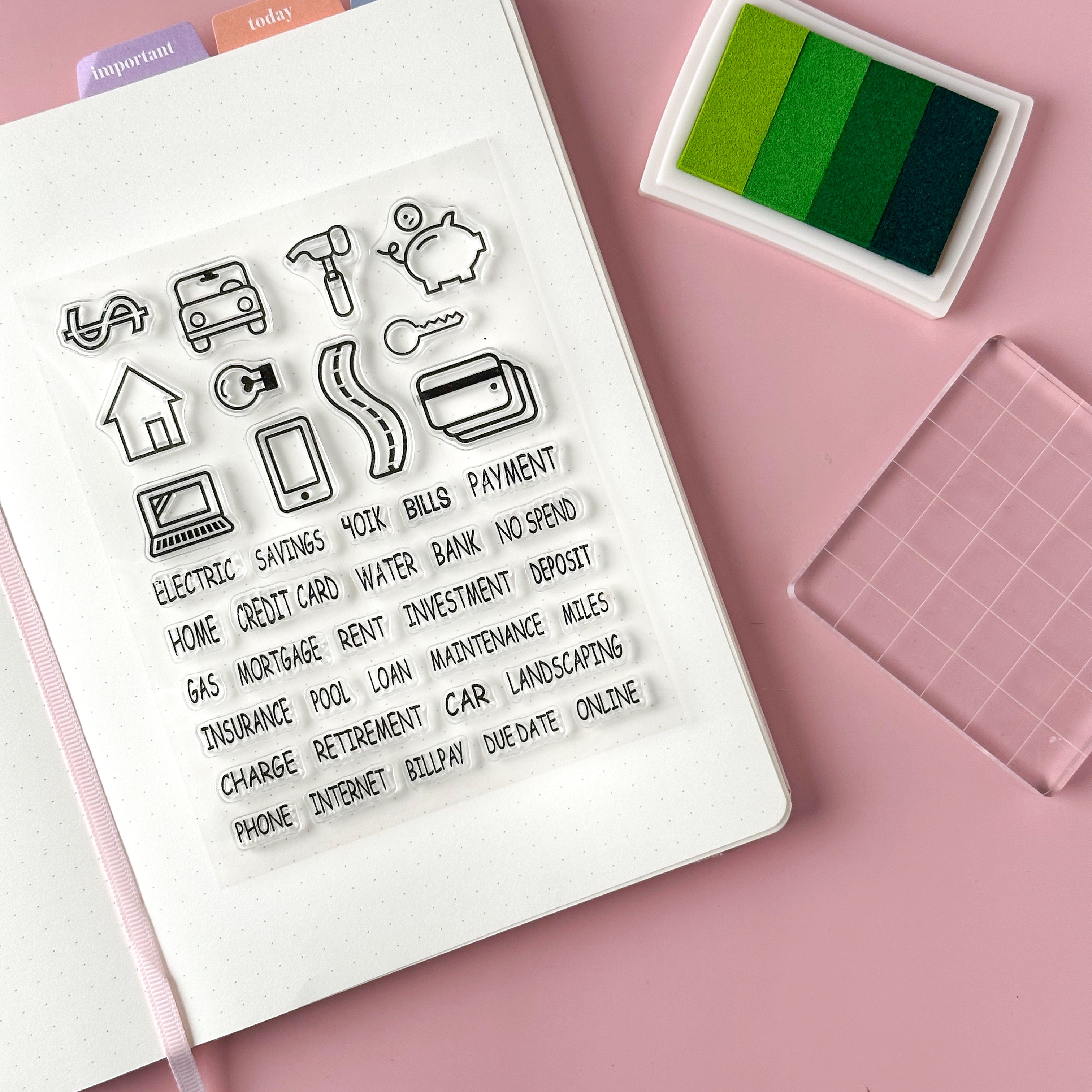 Achieve your financial goals with our specialized BUJO stamps, designed to streamline budgeting and financial planning in your bullet journal, including stamps for income, expenses, budgets, and savings. This silicone stamp set is sold at BBB Supplies Craft Shop.