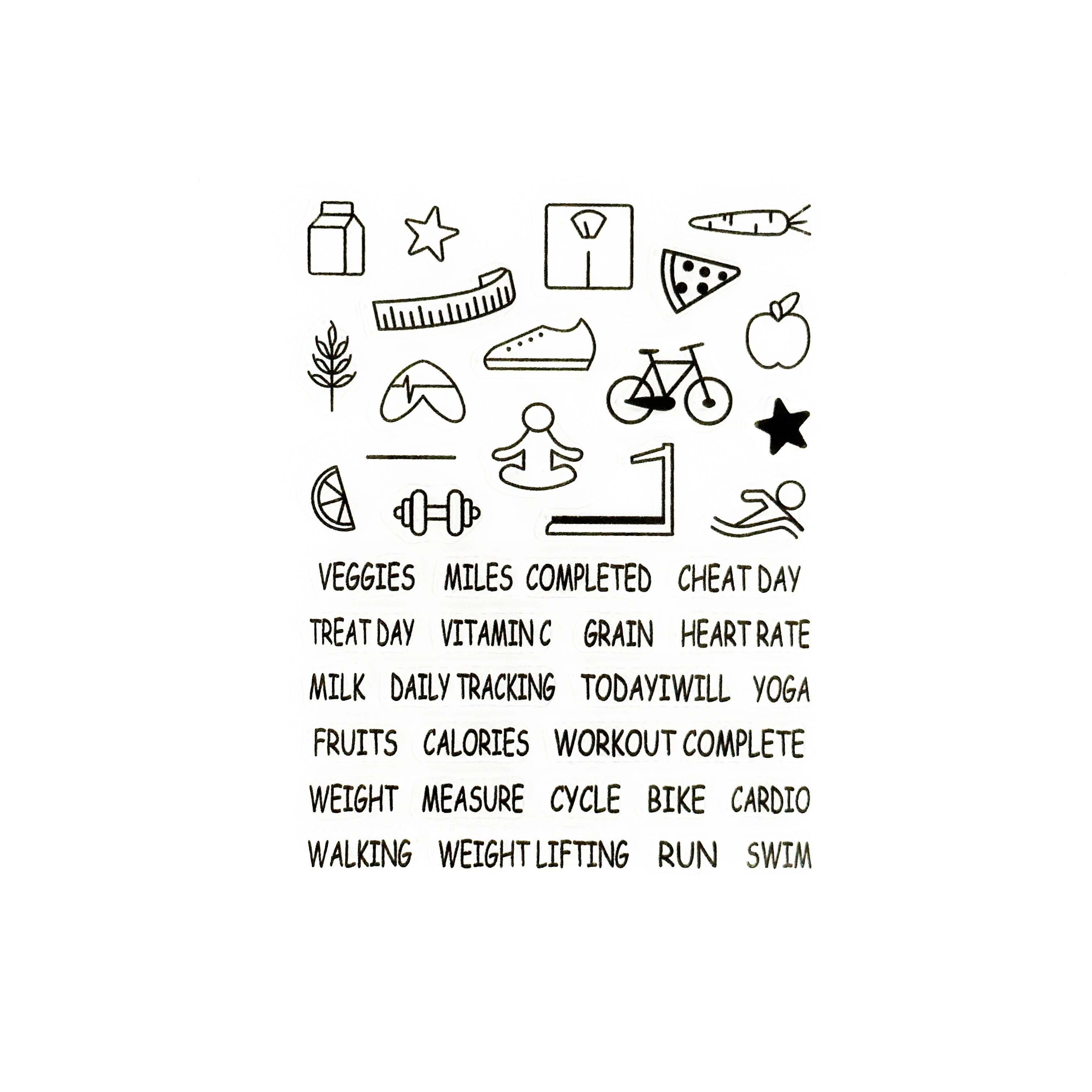 Elevate your health and fitness tracking with our specialized BUJO stamps, featuring a variety of icons and designs tailored for tracking workouts, meal planning, water intake, and other health-related activities. This stamp set is sold at BBB Supplies Craft Shop.