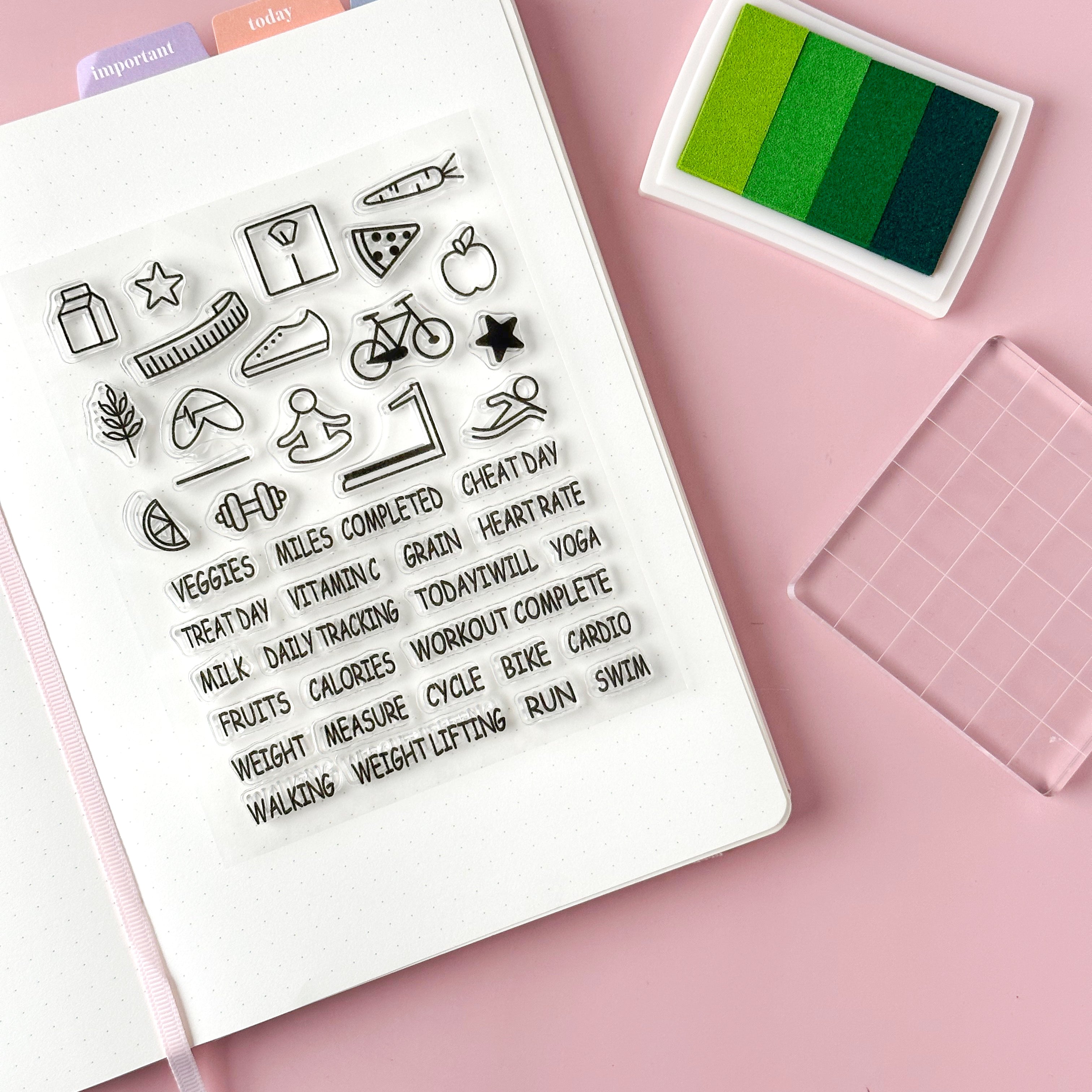 Elevate your health and fitness tracking with our specialized BUJO stamps, featuring a variety of icons and designs tailored for tracking workouts, meal planning, water intake, and other health-related activities. This stamp set is sold at BBB Supplies Craft Shop.