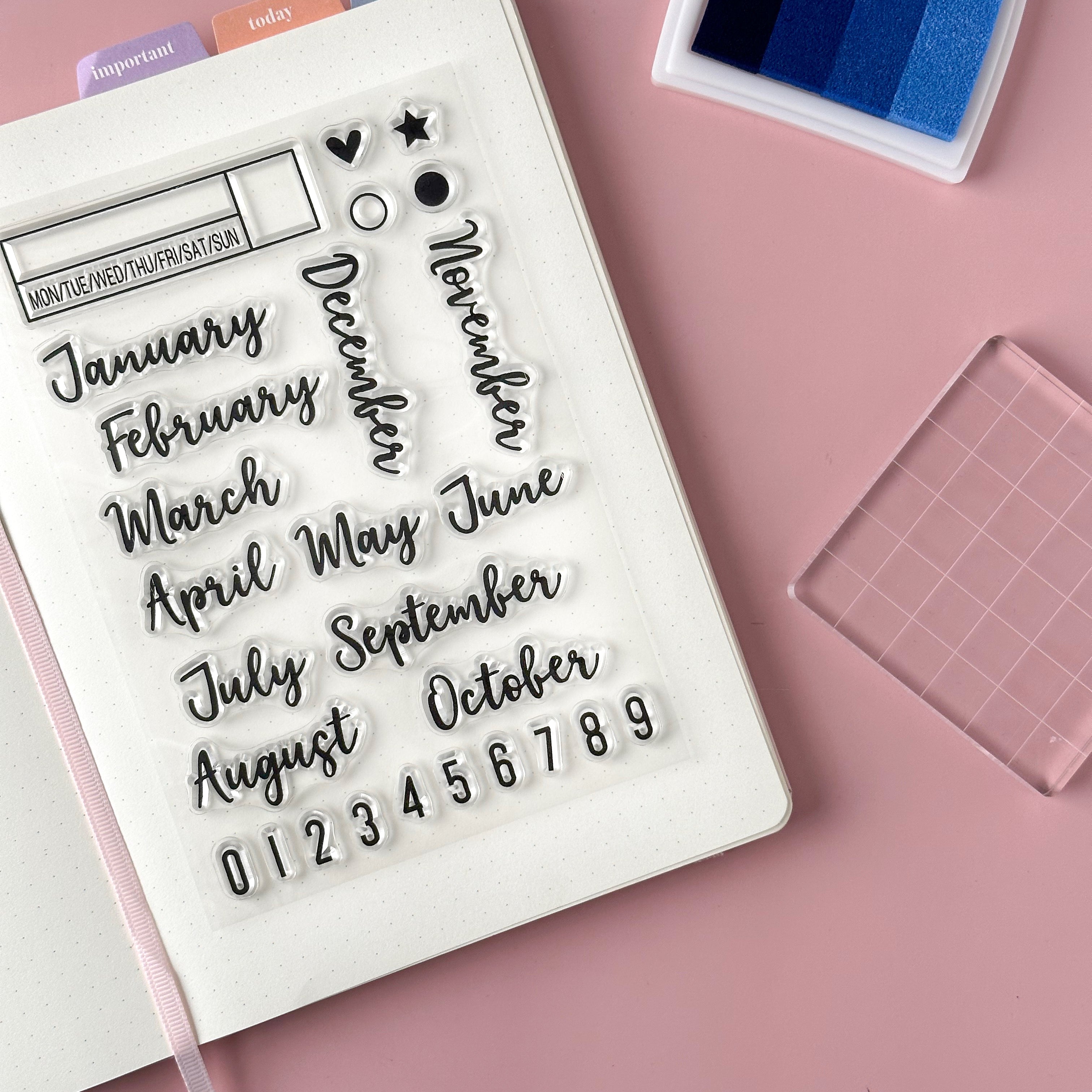 Enhance your productivity with our practical silicone stamps, featuring elegant script and text with months and days of the week, providing a convenient solution for creating beautiful and organized habit trackers. These stamps are sold at BBB Supplies Craft Shop.