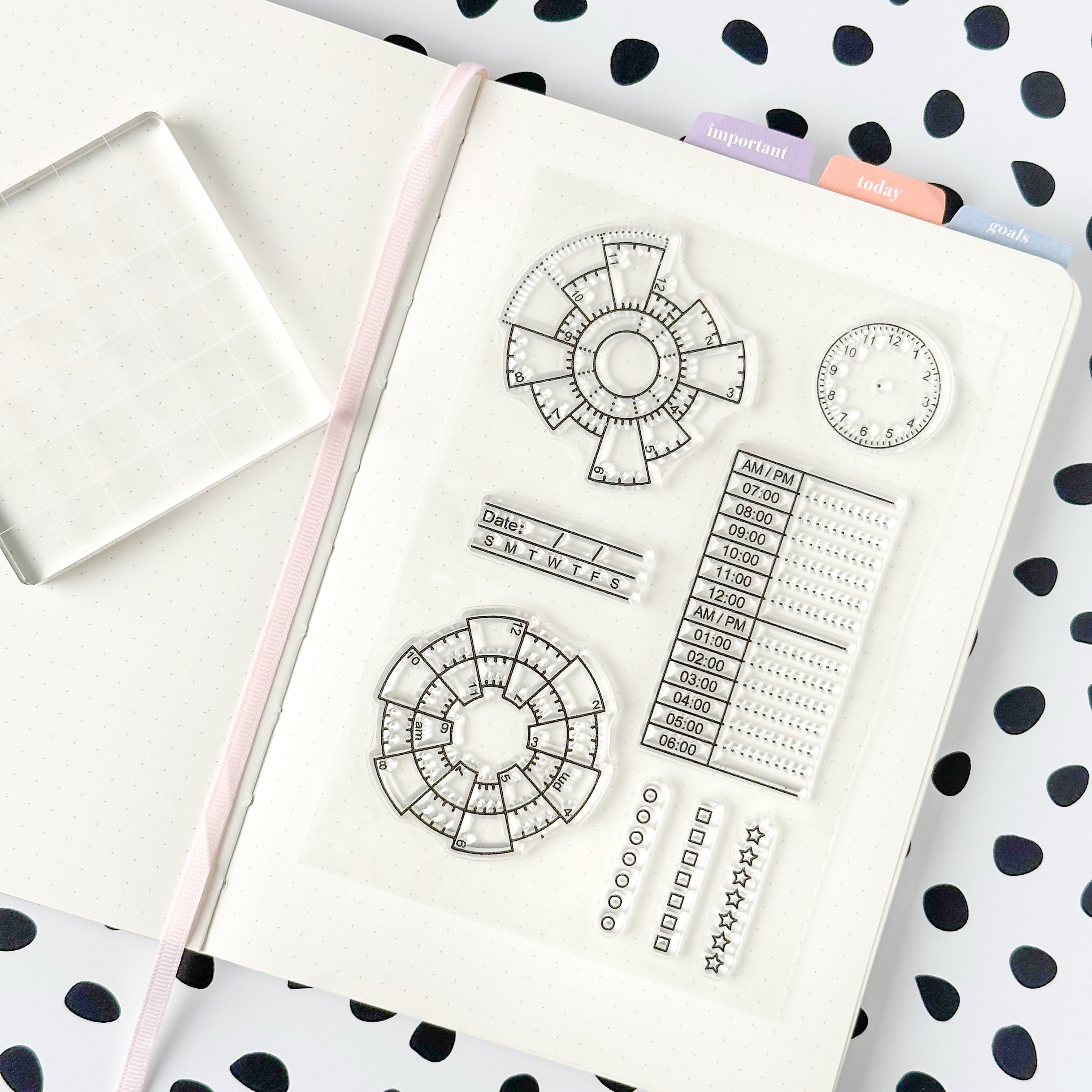 Track your habits with ease using our silicone stamp habit trackers, featuring a variety of customizable designs that can be easily stamped onto your planner or journal pages. This set includes some great checklist options These stamps are sold at BBB Supplies Craft Shop.