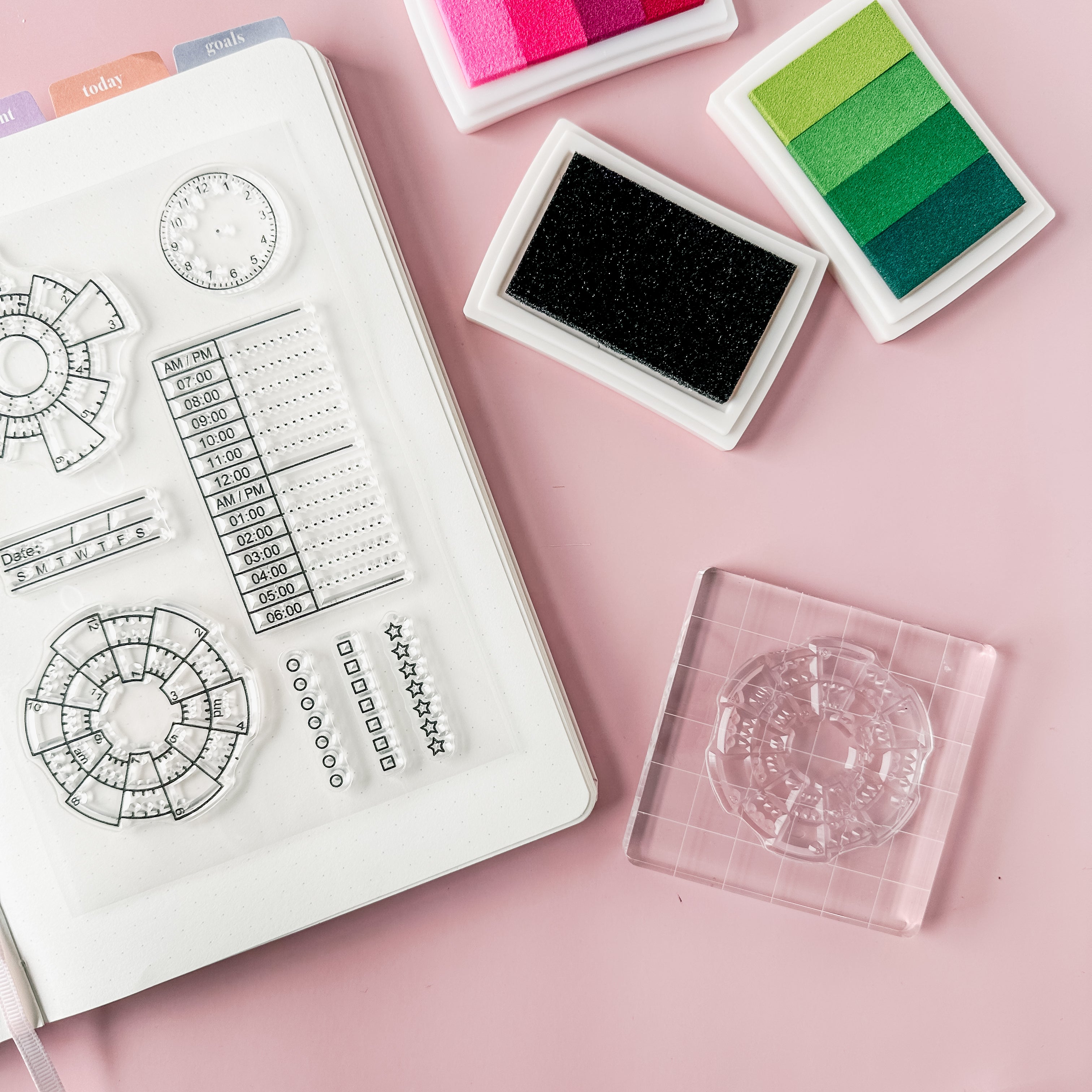 Track your habits with ease using our silicone stamp habit trackers, featuring a variety of customizable designs that can be easily stamped onto your planner or journal pages. This set includes some great checklist options These stamps are sold at BBB Supplies Craft Shop.