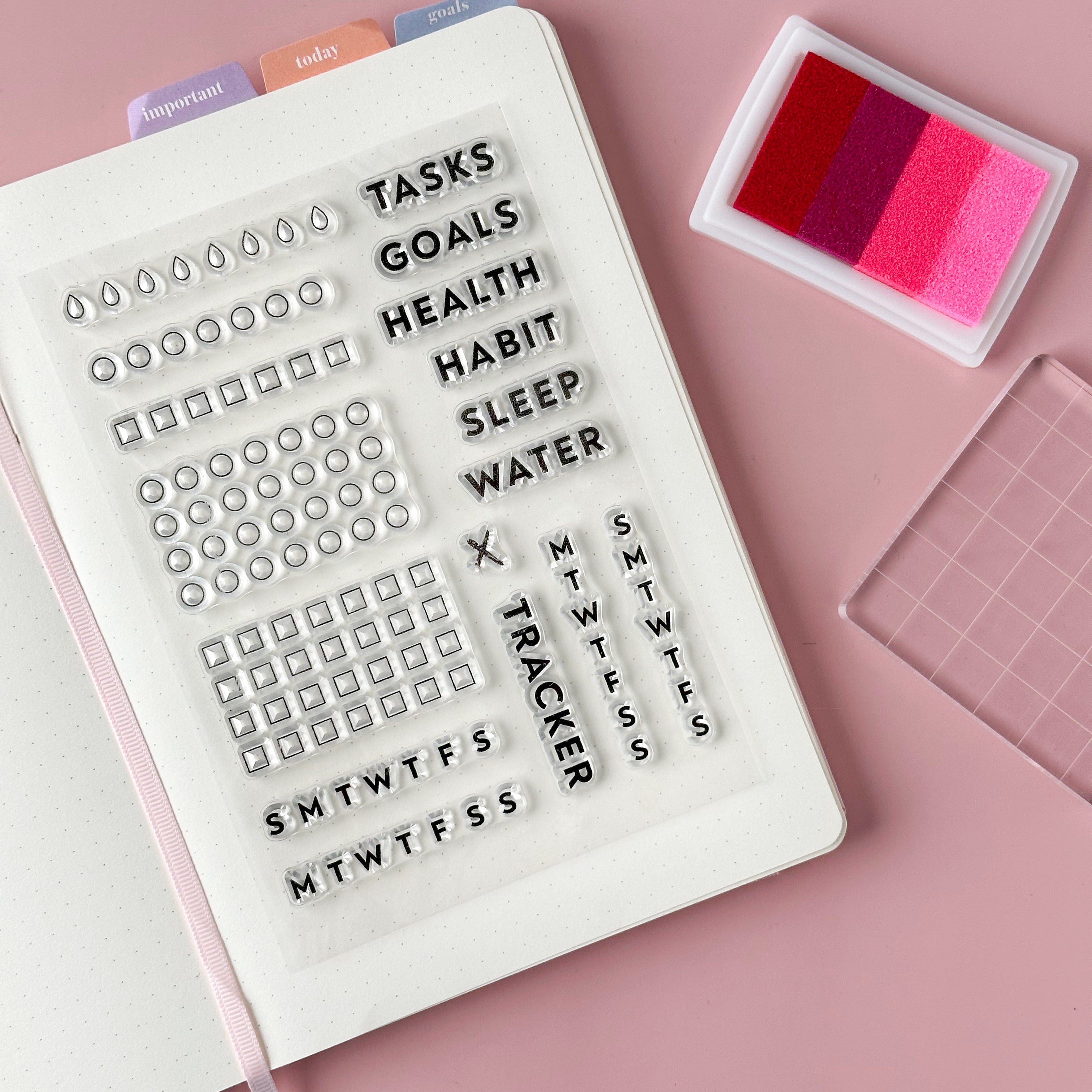 Track your habits with ease using our silicone stamp habit trackers, featuring a variety of customizable designs that can be easily stamped onto your planner or journal pages. This set includes some great checklist options These stamps are sold at BBB Supplies Craft Shop.