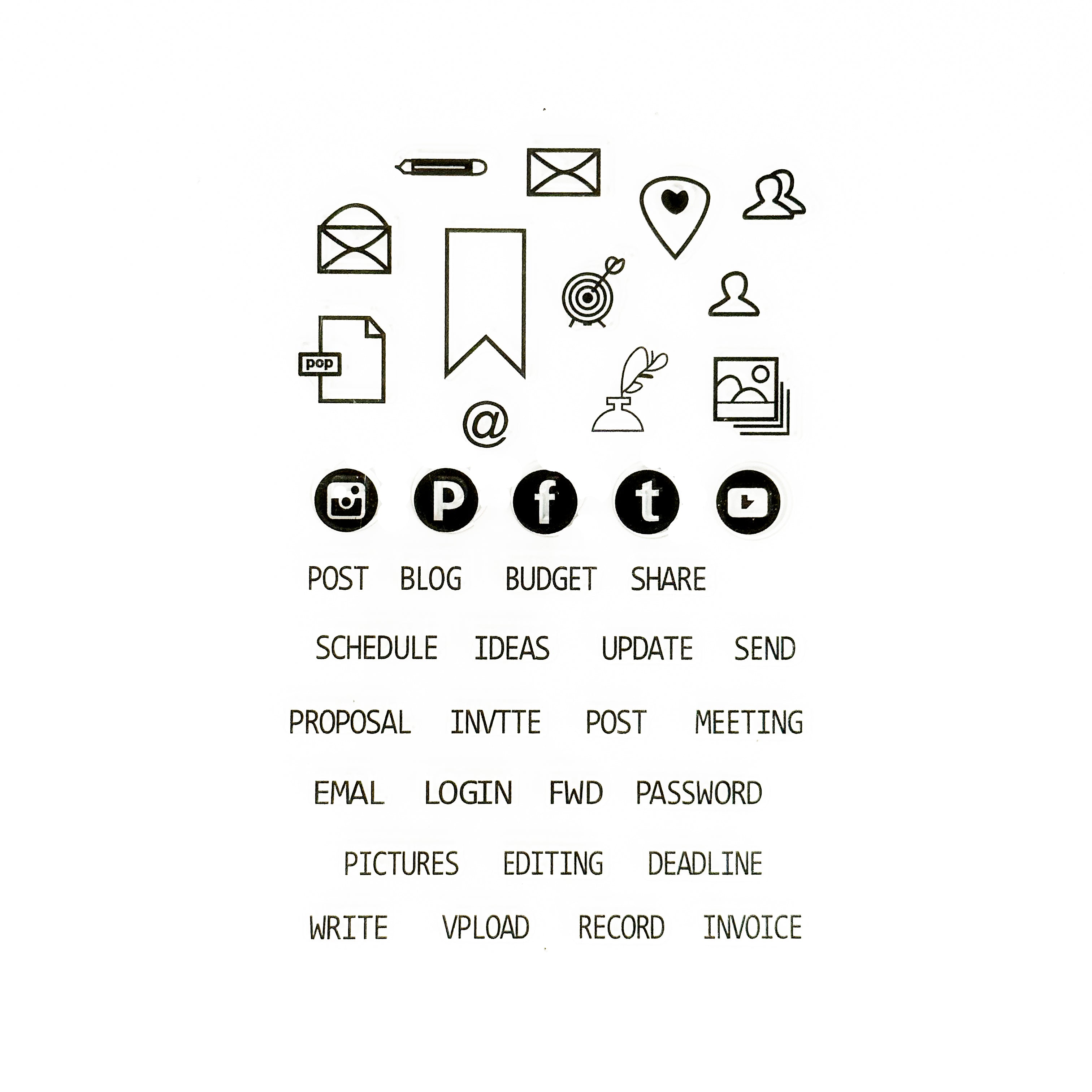 Streamline your blogging and business endeavors with our purpose-built BUJO stamps, including icons and symbols for blog topic brainstorming, content creation, promotion planning, and social media engagement. This stamp collection is sold at BBB Supplies Craft Shop.