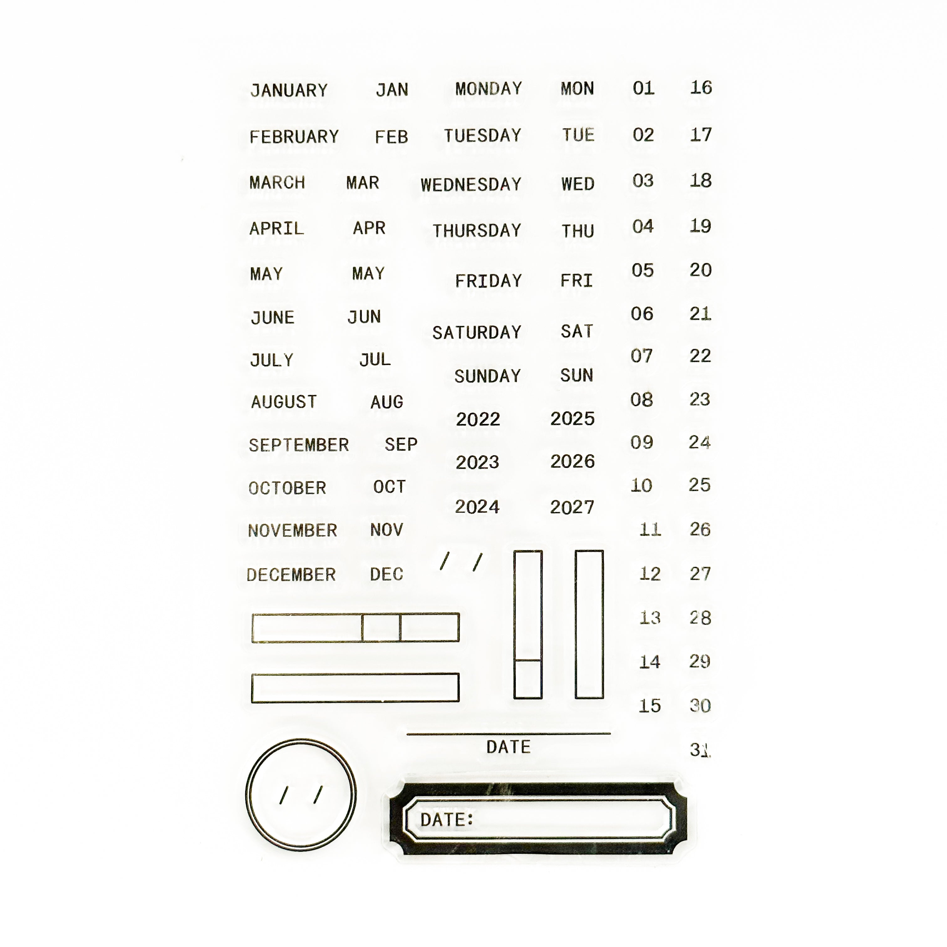 Organize your routines with our stylish silicone stamps, adorned with script and text including months and days of the week, allowing you to effortlessly design and customize habit tracking spreads in your planner or journal. These stamps are sold at BBB Supplies Craft Shop.