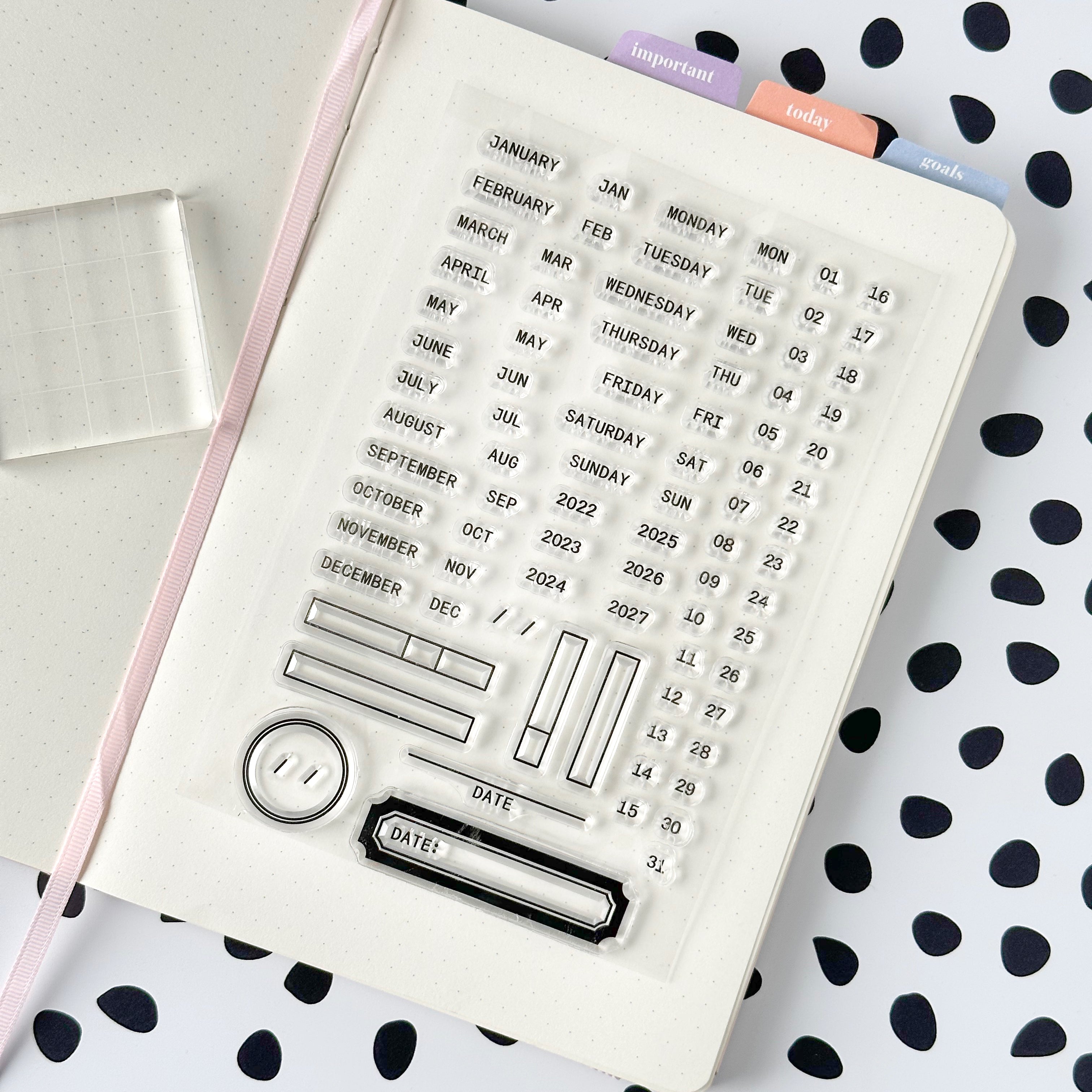 Organize your routines with our stylish silicone stamps, adorned with script and text including months and days of the week, allowing you to effortlessly design and customize habit tracking spreads in your planner or journal. These stamps are sold at BBB Supplies Craft Shop.