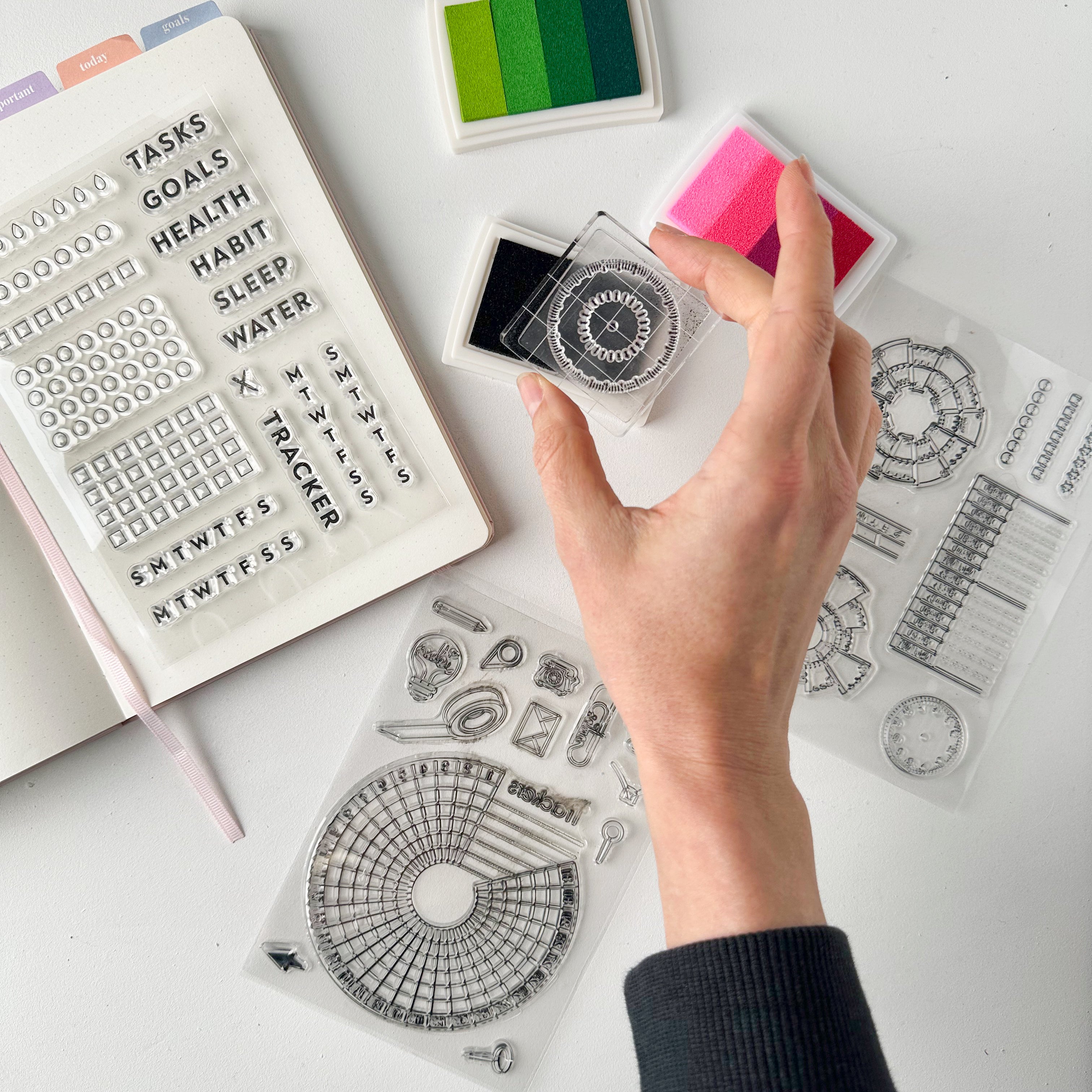 Track your habits with ease using our silicone stamp habit trackers, featuring a variety of customizable designs that can be easily stamped onto your planner or journal pages. These stamps are sold at BBB Supplies Craft Shop.