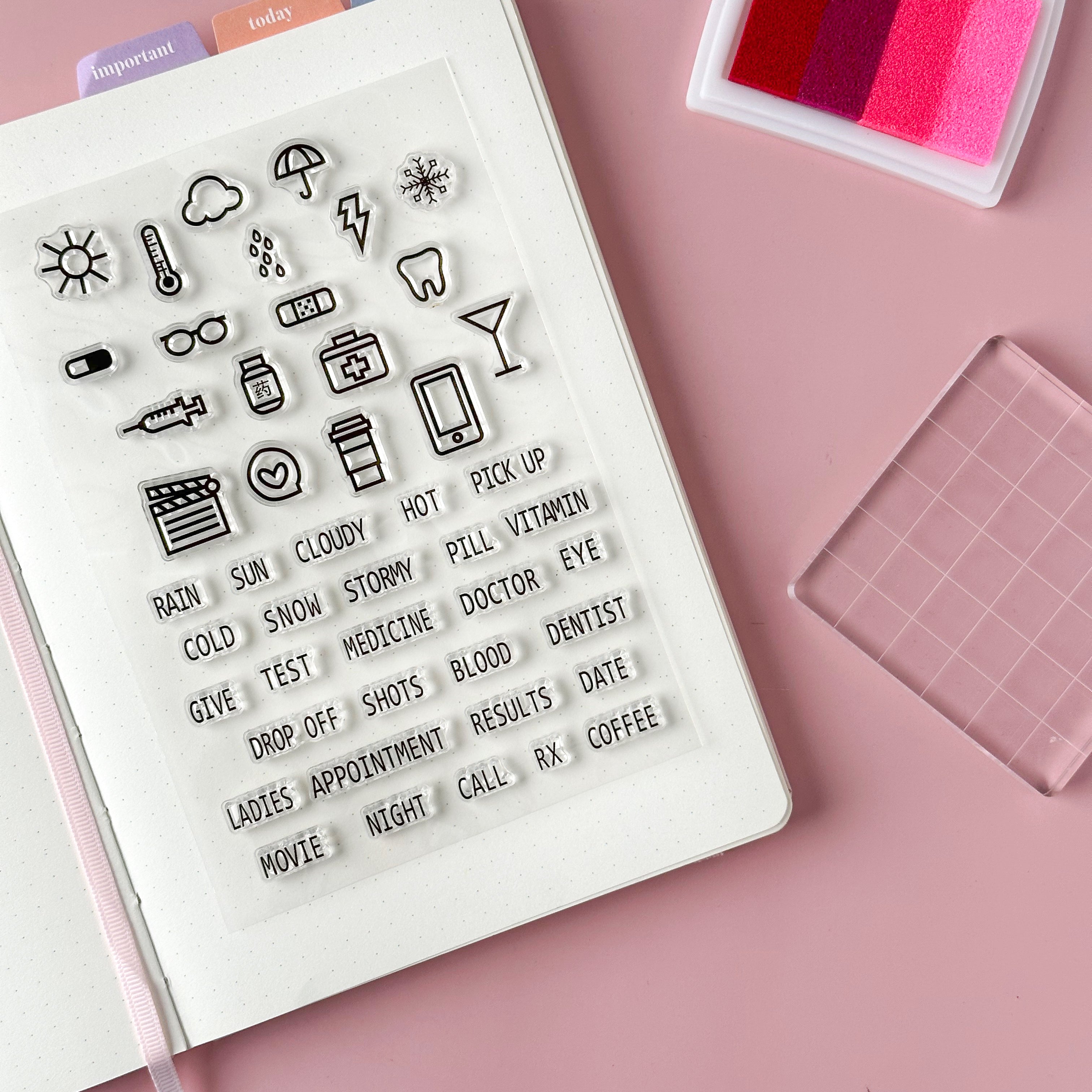 Optimize your planner organization with our specialized icon stamps, offering a variety of medical symbols, weather icons, and mood indicators to assist you in tracking your well-being and daily experiences. These stamps are sold at BBB Supplies Craft Shop.