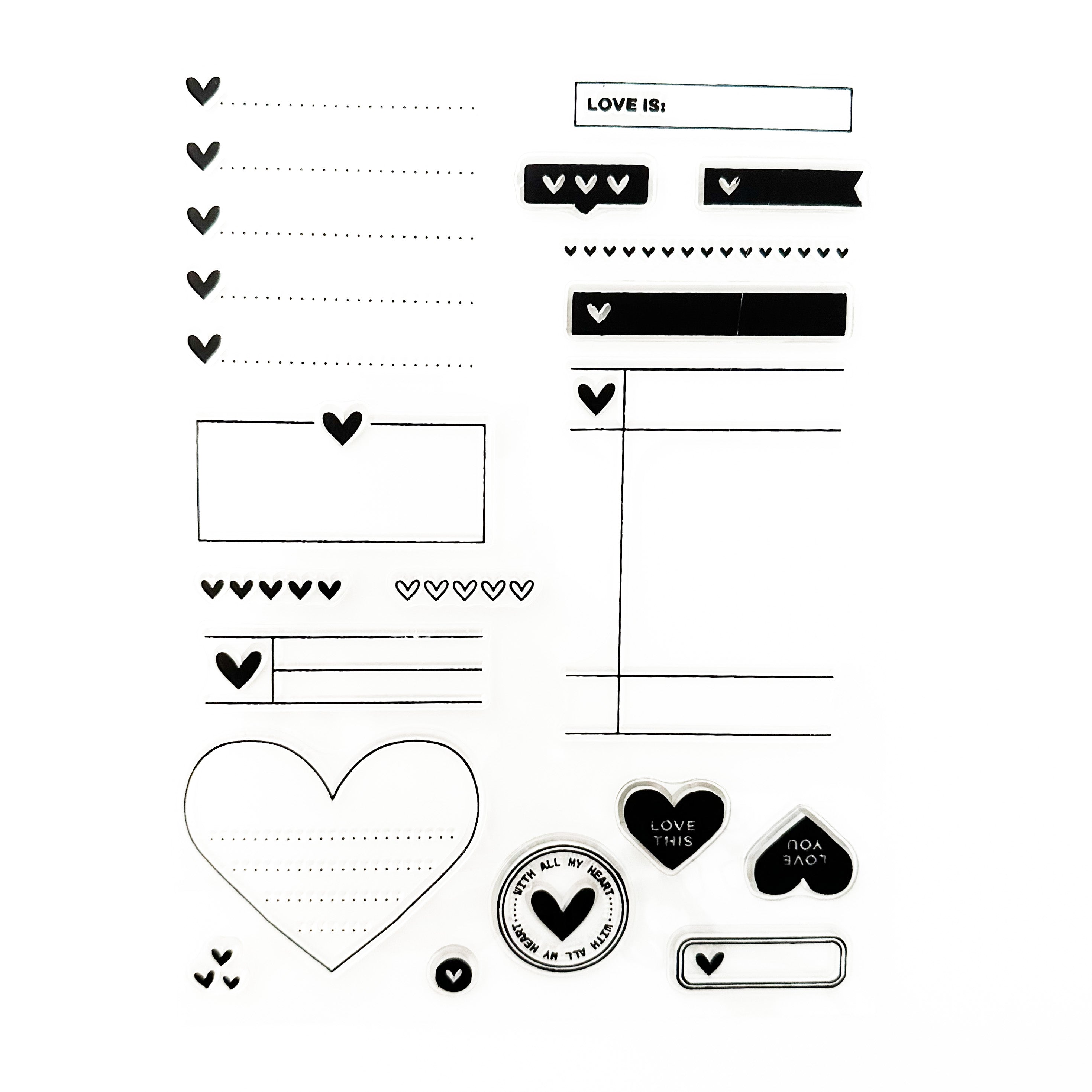 Elevate your planner with these charming heart-themed stamps. From banners to titles and accents, these stamps add a touch of love and style to your planning. Perfect for highlighting special events, dates, or simply adding a heartfelt touch to your daily plans. These stamps are sold at BBB Supplies Craft Shop.