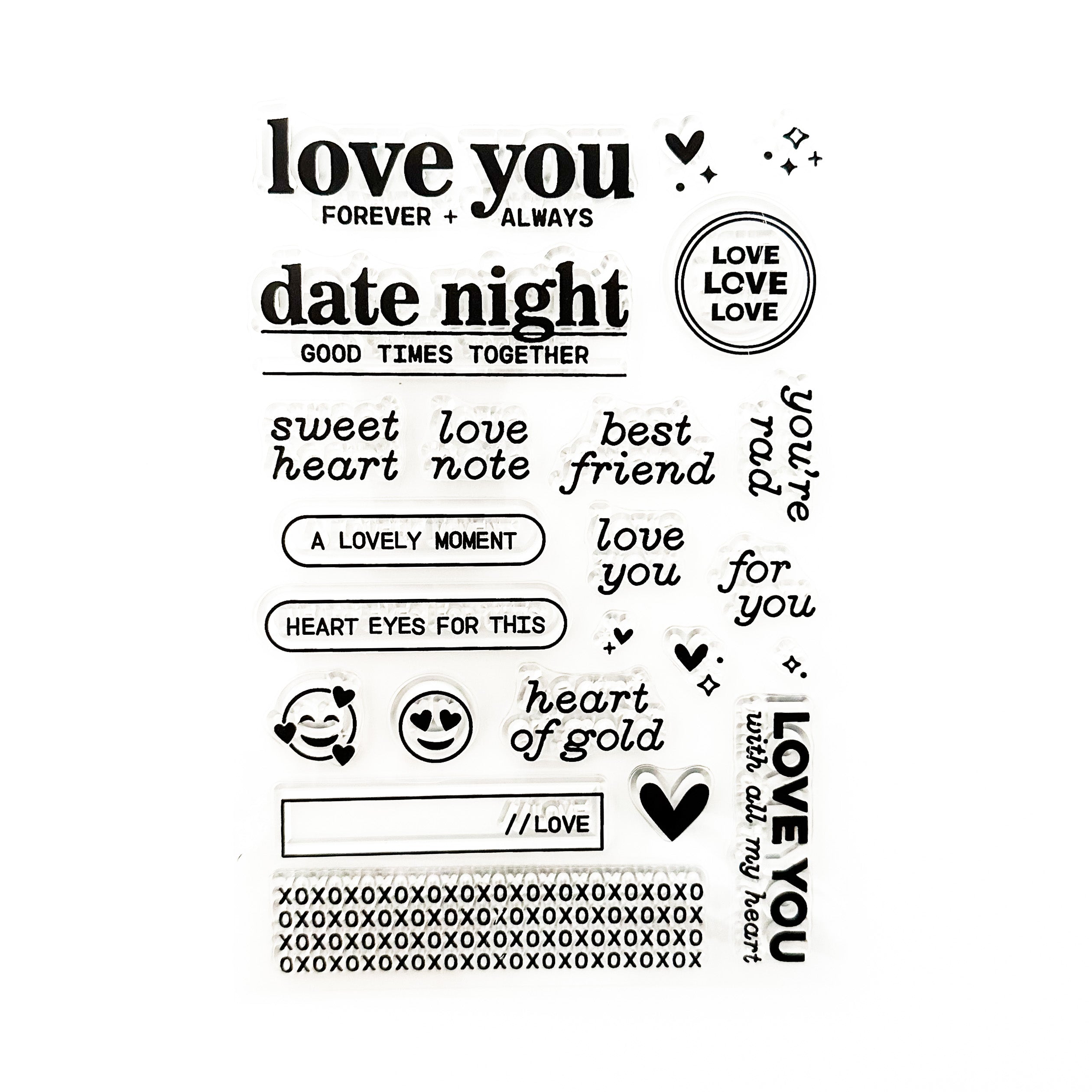Elevate your journaling with these charming stamps. Designed for date night entries, these stamps feature endearing phrases and images perfect for capturing special moments. Whether you're writing about a romantic dinner or a cozy movie night, these stamps add a touch of love to your journal pages. This stamp set is sold at BBB Supplies Craft Shop.