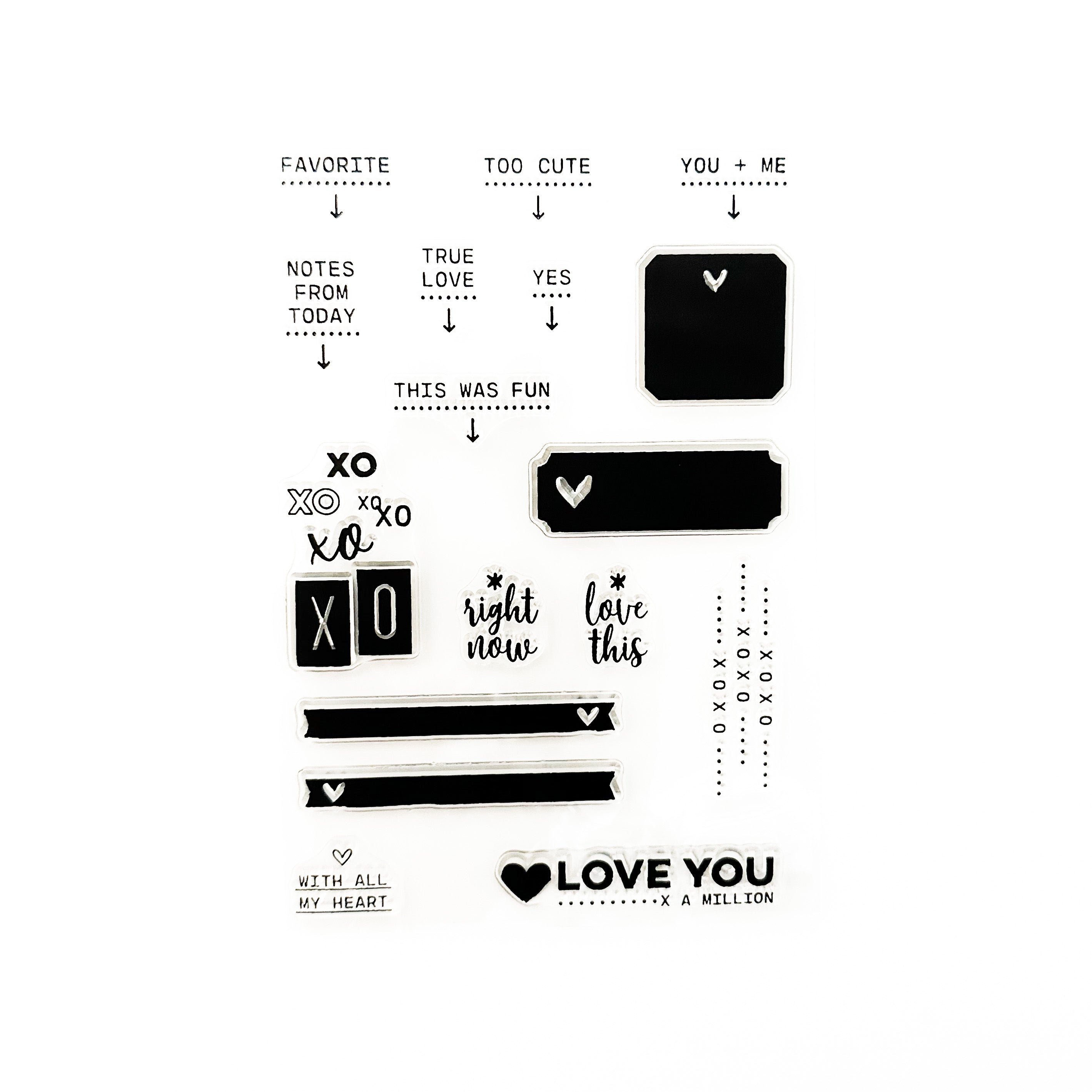 Add a dash of affection to your planner with these delightful stamps. Featuring "Xo" and "Love You" banners and accents, these stamps are perfect for expressing love and warmth in your planning. Whether marking special occasions or simply adding a sweet touch, these stamps are sure to make your planner even more charming. This stamp set is sold at BBB Supplies Craft Shop.
