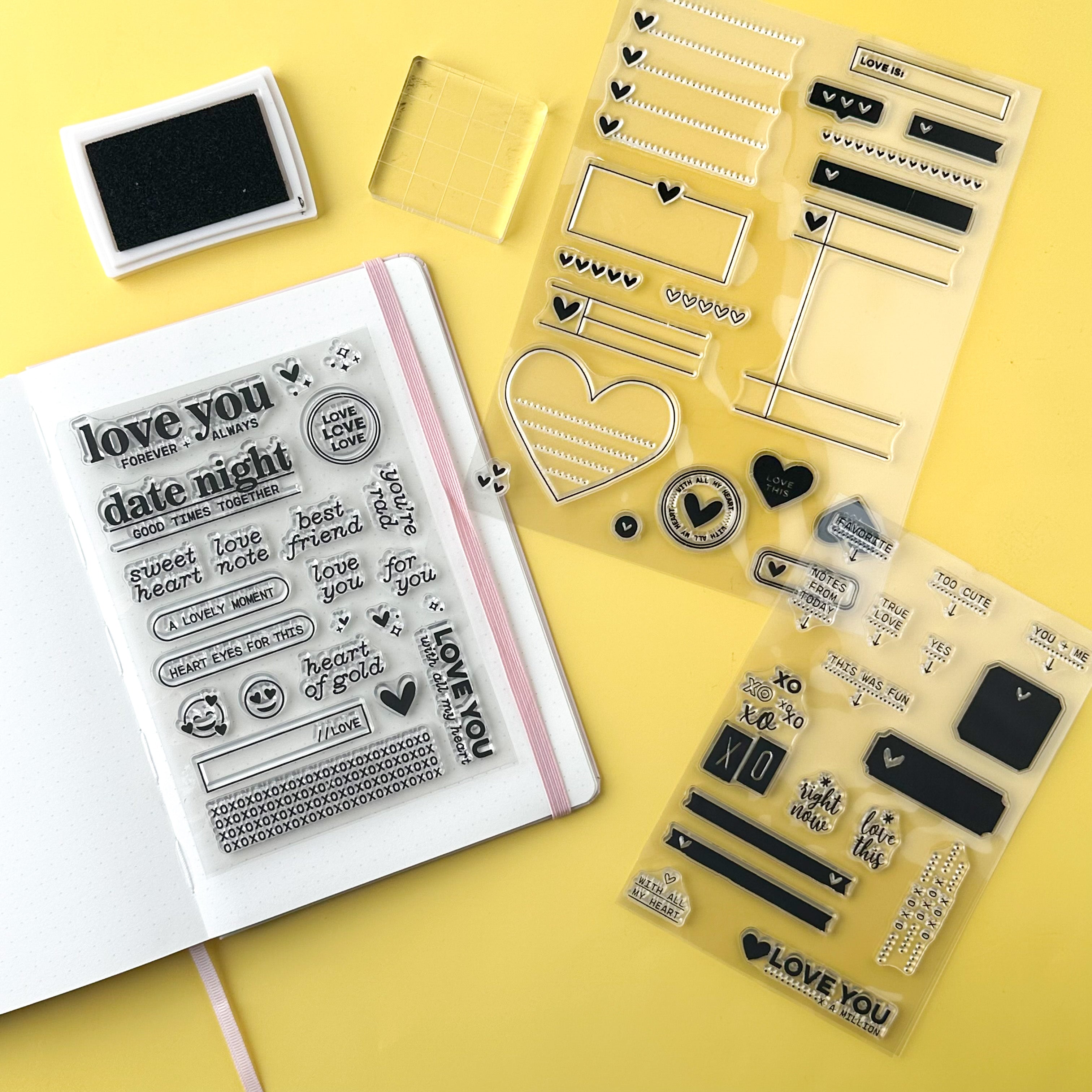 Elevate your journaling with these charming stamps. Designed for date night entries, these stamps feature endearing phrases and images perfect for capturing special moments. Whether you're writing about a romantic dinner or a cozy movie night, these stamps add a touch of love to your journal pages. This stamp set is sold at BBB Supplies Craft Shop.