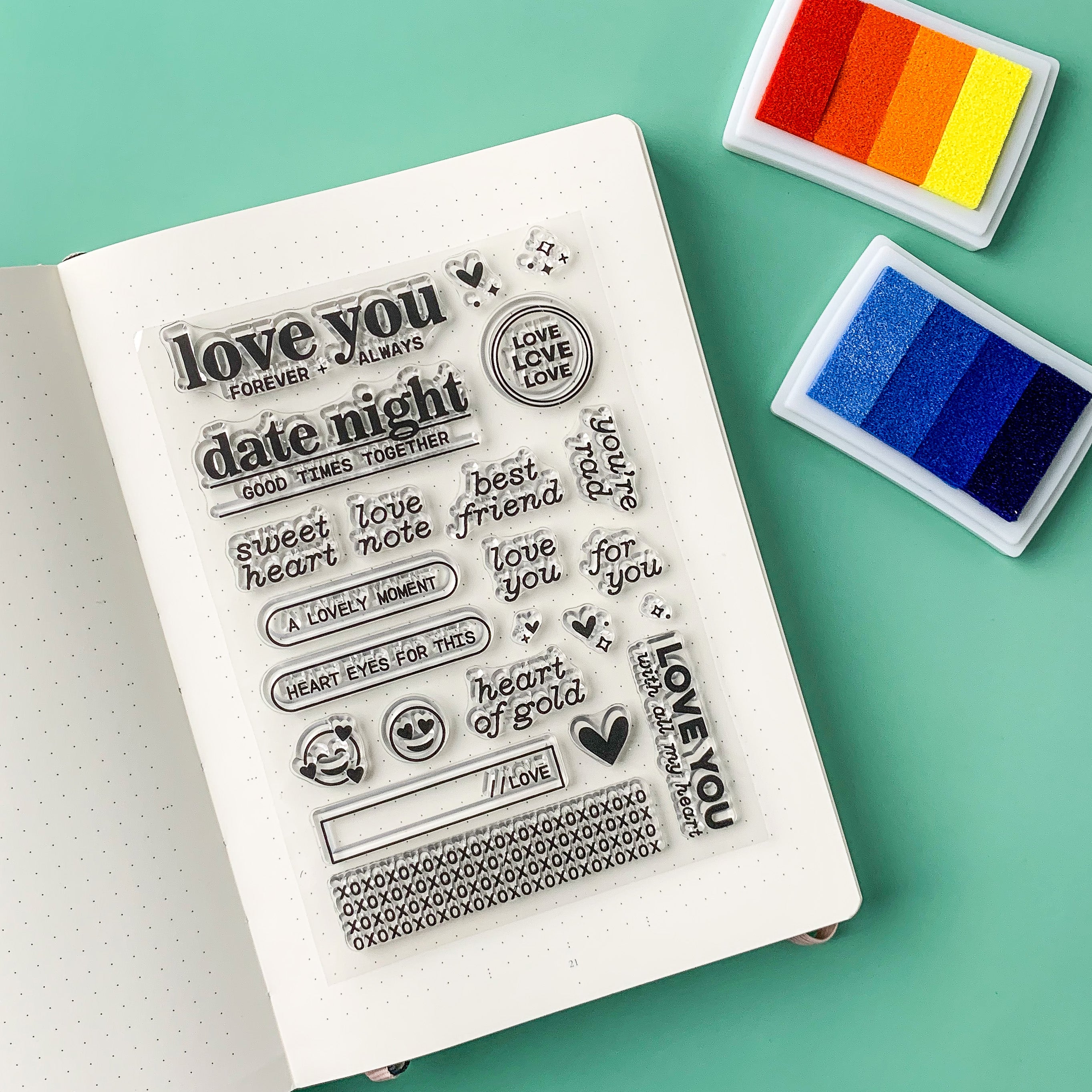 Elevate your journaling with these charming stamps. Designed for date night entries, these stamps feature endearing phrases and images perfect for capturing special moments. Whether you're writing about a romantic dinner or a cozy movie night, these stamps add a touch of love to your journal pages. This stamp set is sold at BBB Supplies Craft Shop.