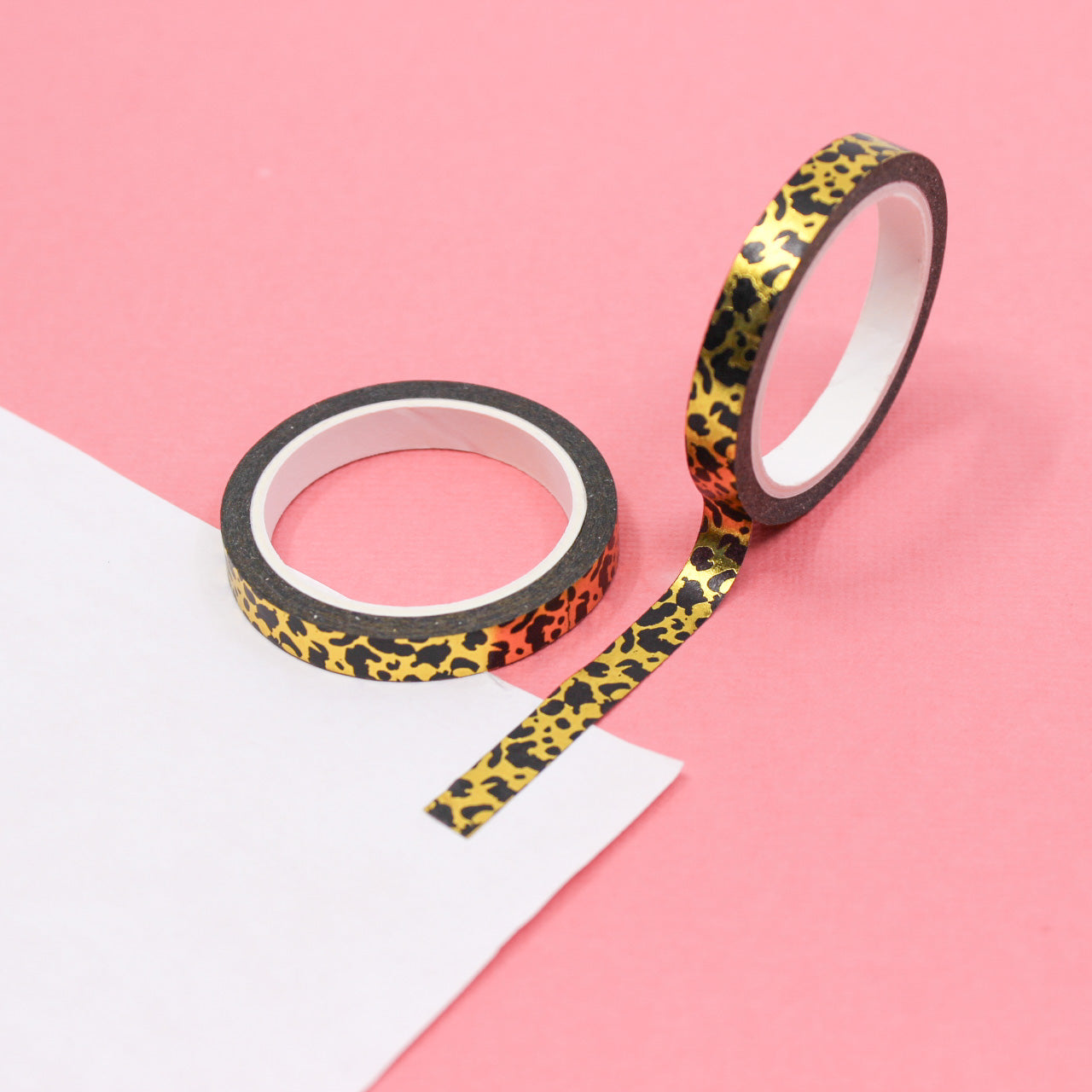 Elevate your crafts with our gold foil narrow leopard print washi tape, featuring a sleek and luxurious leopard print design accented with shimmering gold foil, perfect for adding a touch of wild elegance to your projects. This tape is sold at BBB Supplies Craft Shop.