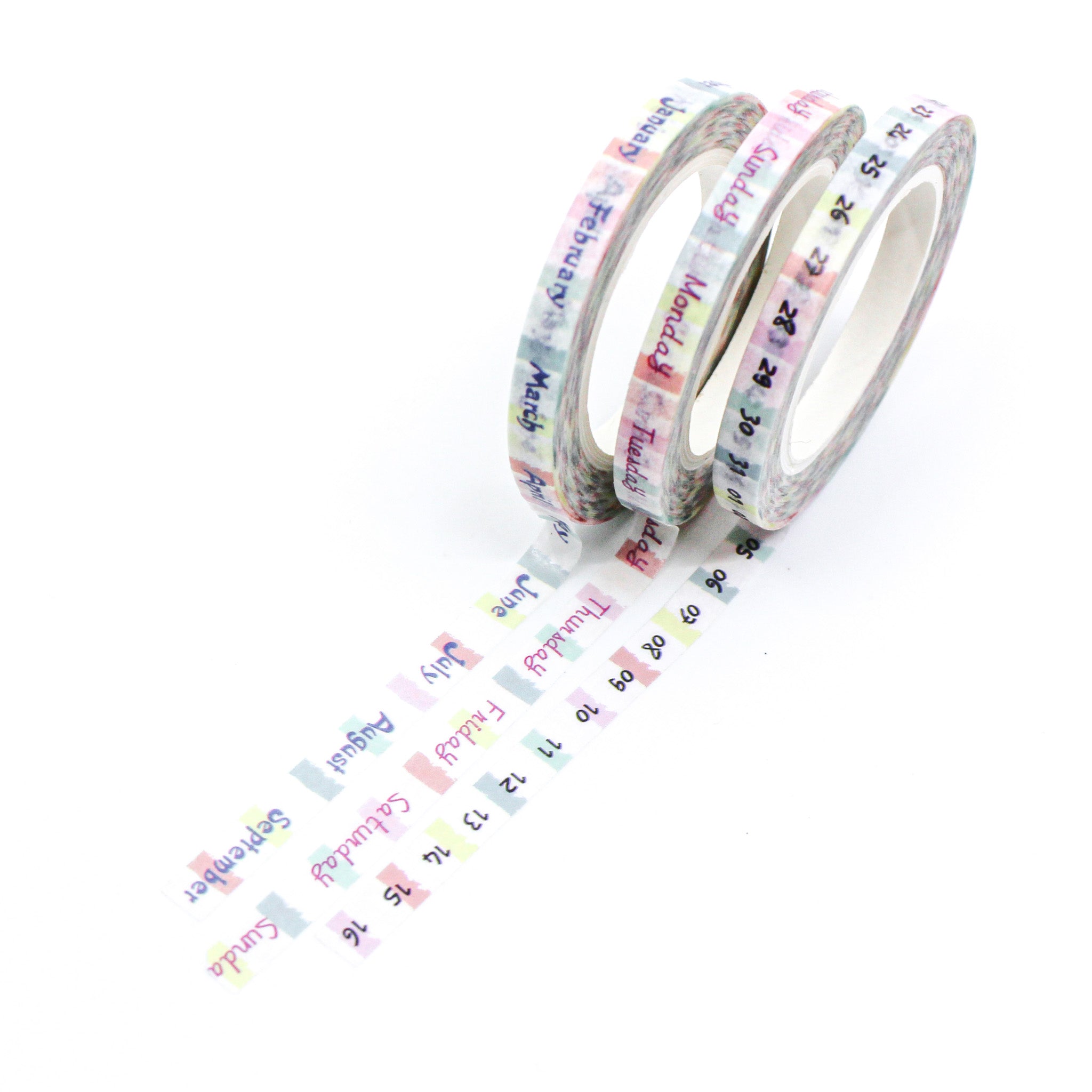 Stay organized with our thin calendar washi tape, featuring the months, days, and weekdays in a sleek and minimalist design, perfect for adding functional and stylish elements to your calendars. These tapes are sold at BBB Supplies Craft Shop.