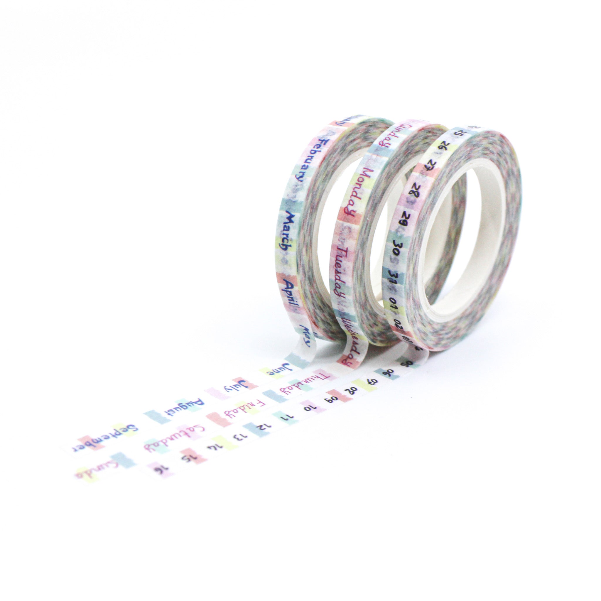 Stay organized with our thin calendar washi tape, featuring the months, days, and weekdays in a sleek and minimalist design, perfect for adding functional and stylish elements to your calendars. These tapes are sold at BBB Supplies Craft Shop.