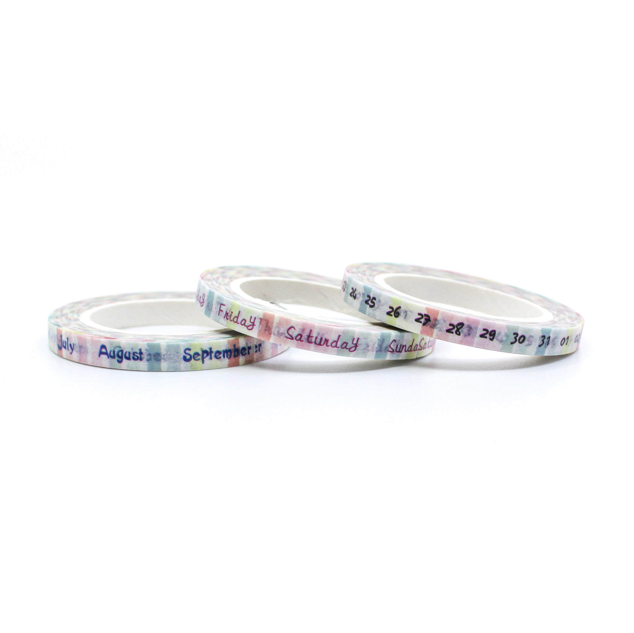 Stay organized with our thin calendar washi tape, featuring the months, days, and weekdays in a sleek and minimalist design, perfect for adding functional and stylish elements to your calendars. These tapes are sold at BBB Supplies Craft Shop.