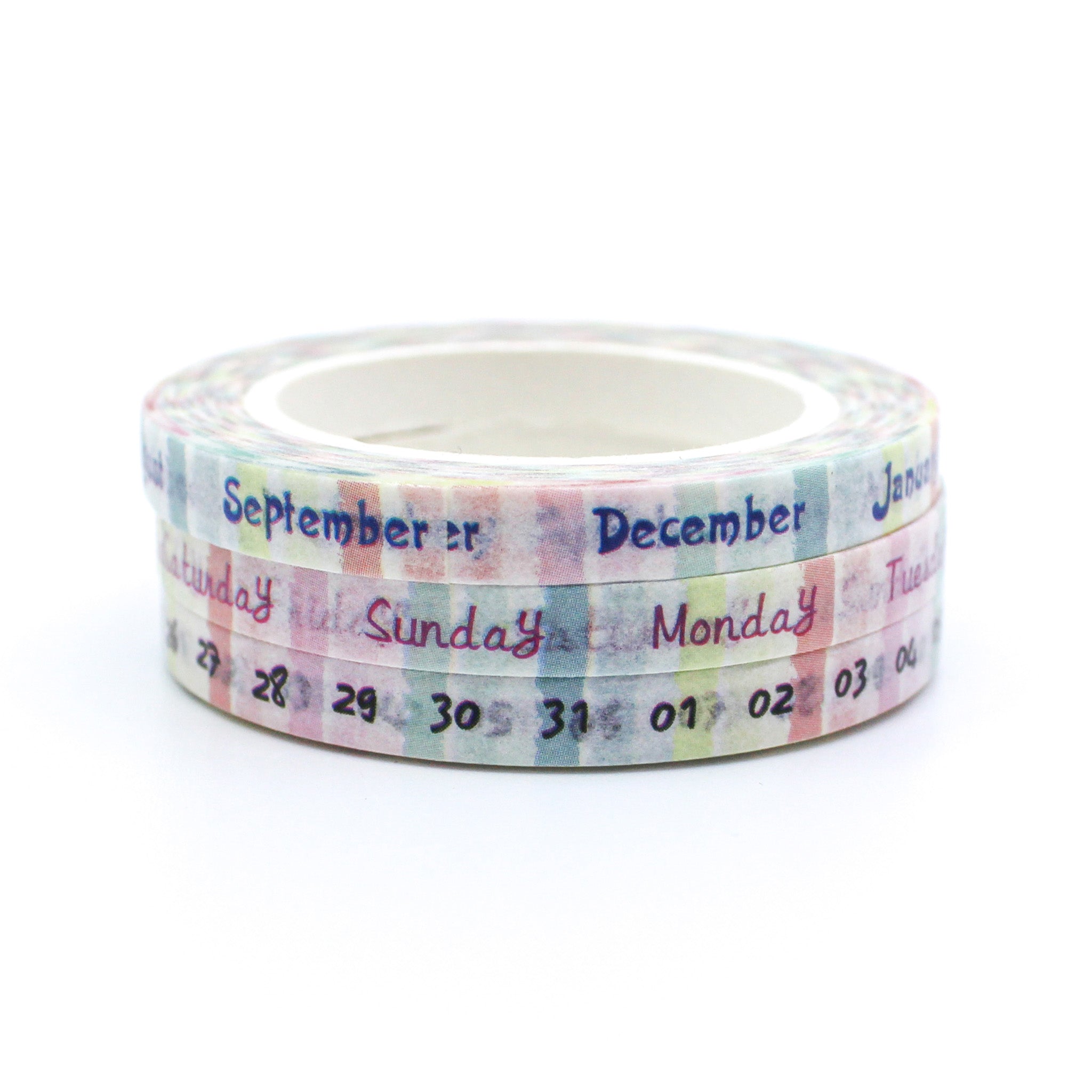Stay organized with our thin calendar washi tape, featuring the months, days, and weekdays in a sleek and minimalist design, perfect for adding functional and stylish elements to your calendars. These tapes are sold at BBB Supplies Craft Shop.