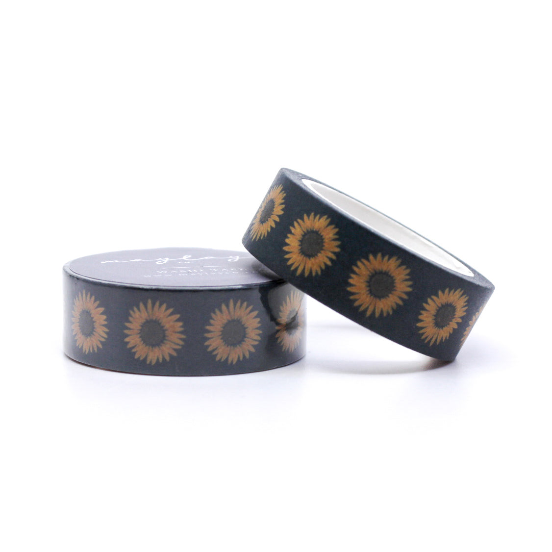Fall Sunflower and Navy Washi Tape featuring vibrant sunflowers in a fall color palette with navy accents, perfect for adding a touch of autumn to your crafts and projects. This tape is from Maylay Co and sold at BBB Supplies Craft Shop.