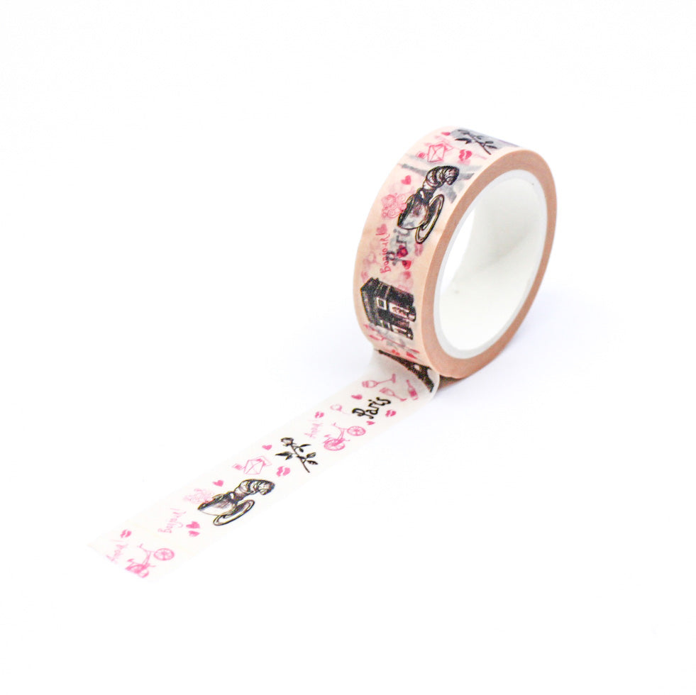 Embrace the romantic allure of Paris with our 'For the Love of Paris Symbols' Washi Tape. Eiffel Towers, hearts, and more in a stylish design. This tape is sold at BBB Supplies Craft Shop.