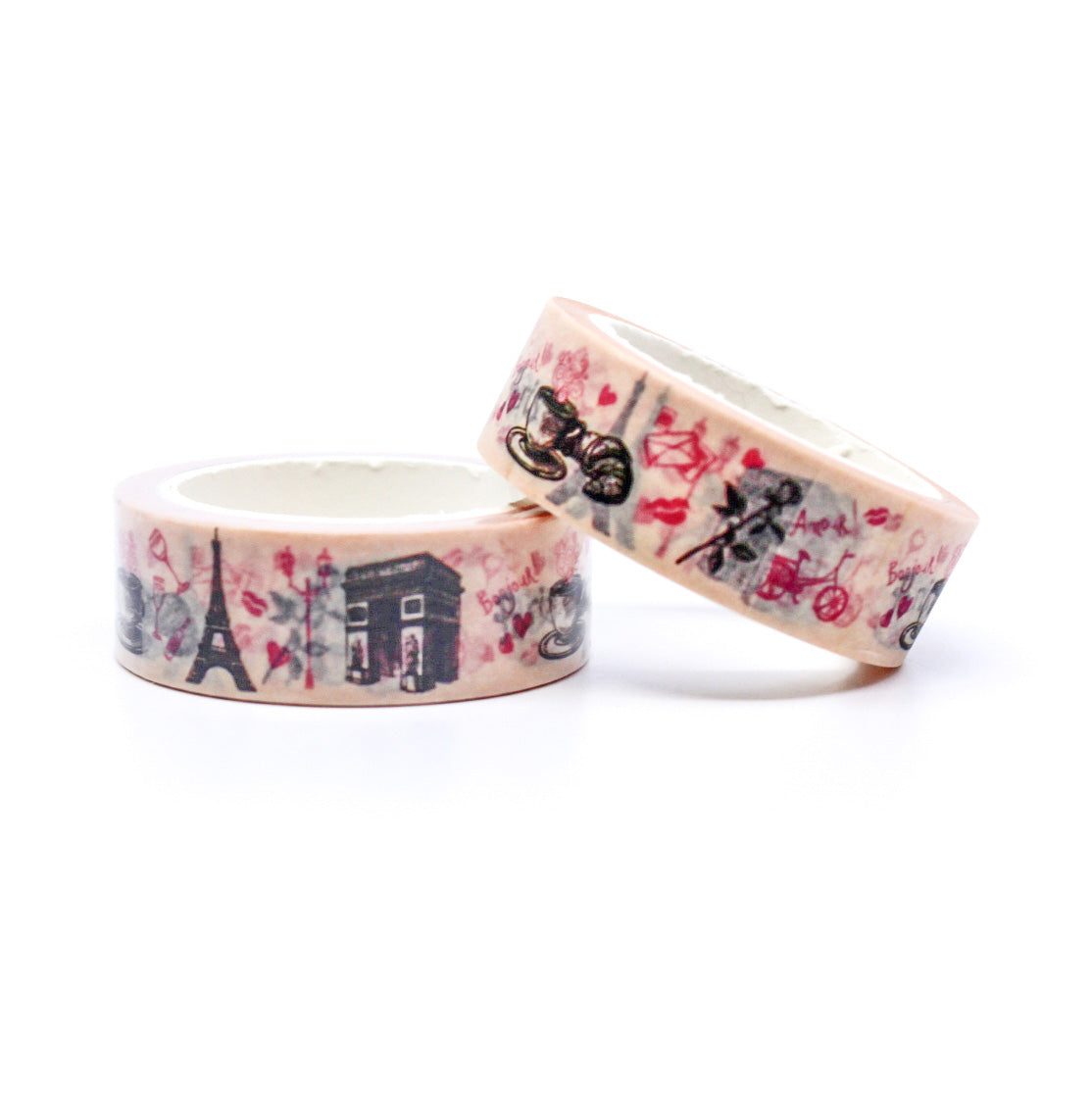 Embrace the romantic allure of Paris with our 'For the Love of Paris Symbols' Washi Tape. Eiffel Towers, hearts, and more in a stylish design. This tape is sold at BBB Supplies Craft Shop.