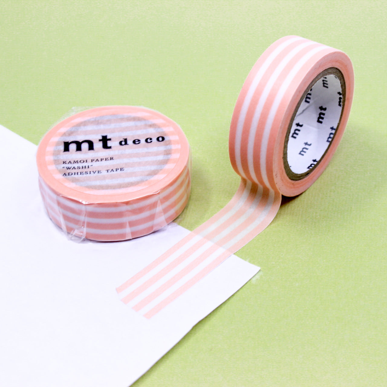Enhance your crafts with our thicker line horizontal stripe washi tape, featuring bold and stylish stripes in a variety of colors, perfect for adding a dynamic and vibrant element to your projects. This peach cream stripe tape is from MT Brand Masking Tape and sold at BBB Supplies Craft Shop.