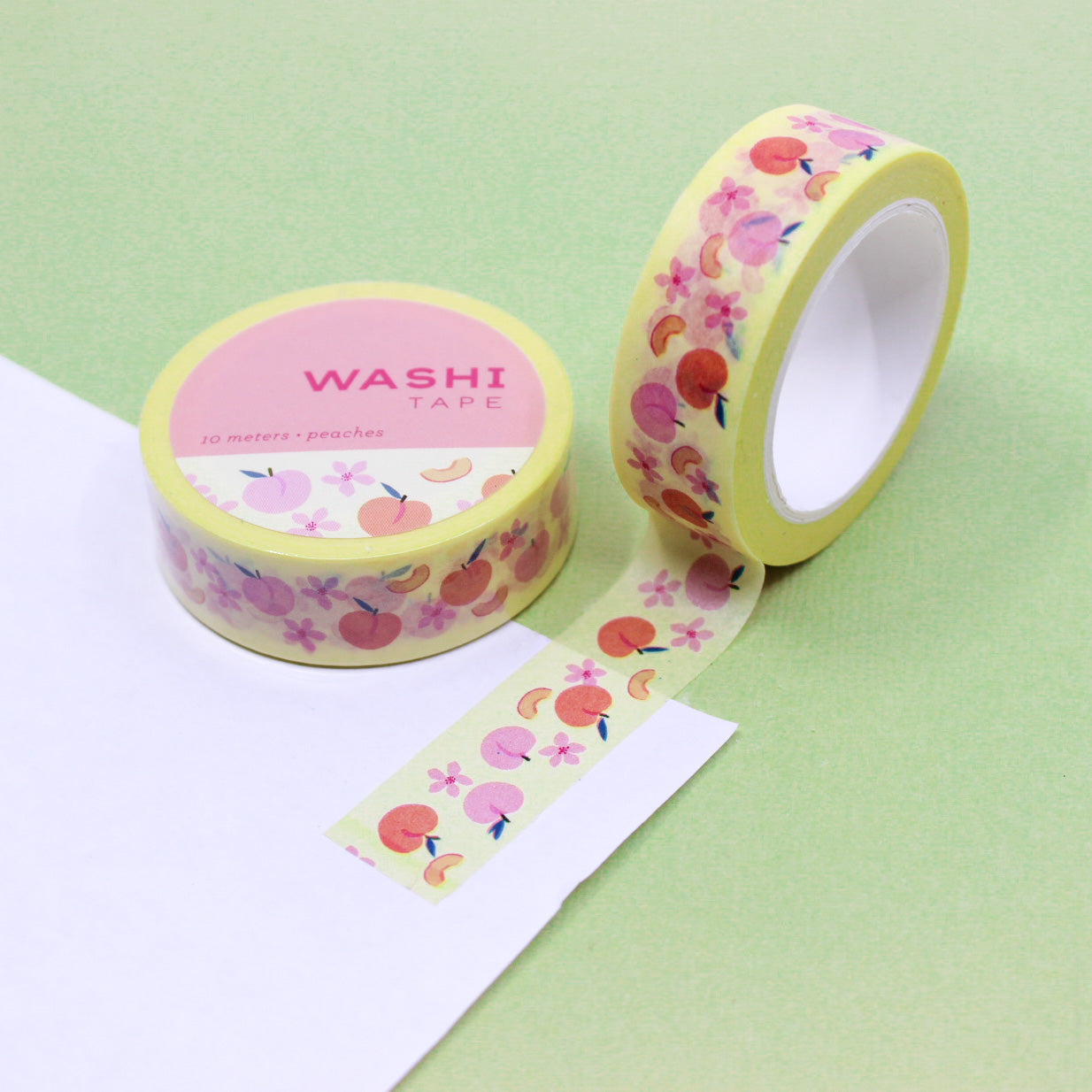 Peaches Fruit Washi Tape with illustrated peaches on a soft pastel background, perfect for planners, scrapbooks, and craft projects.