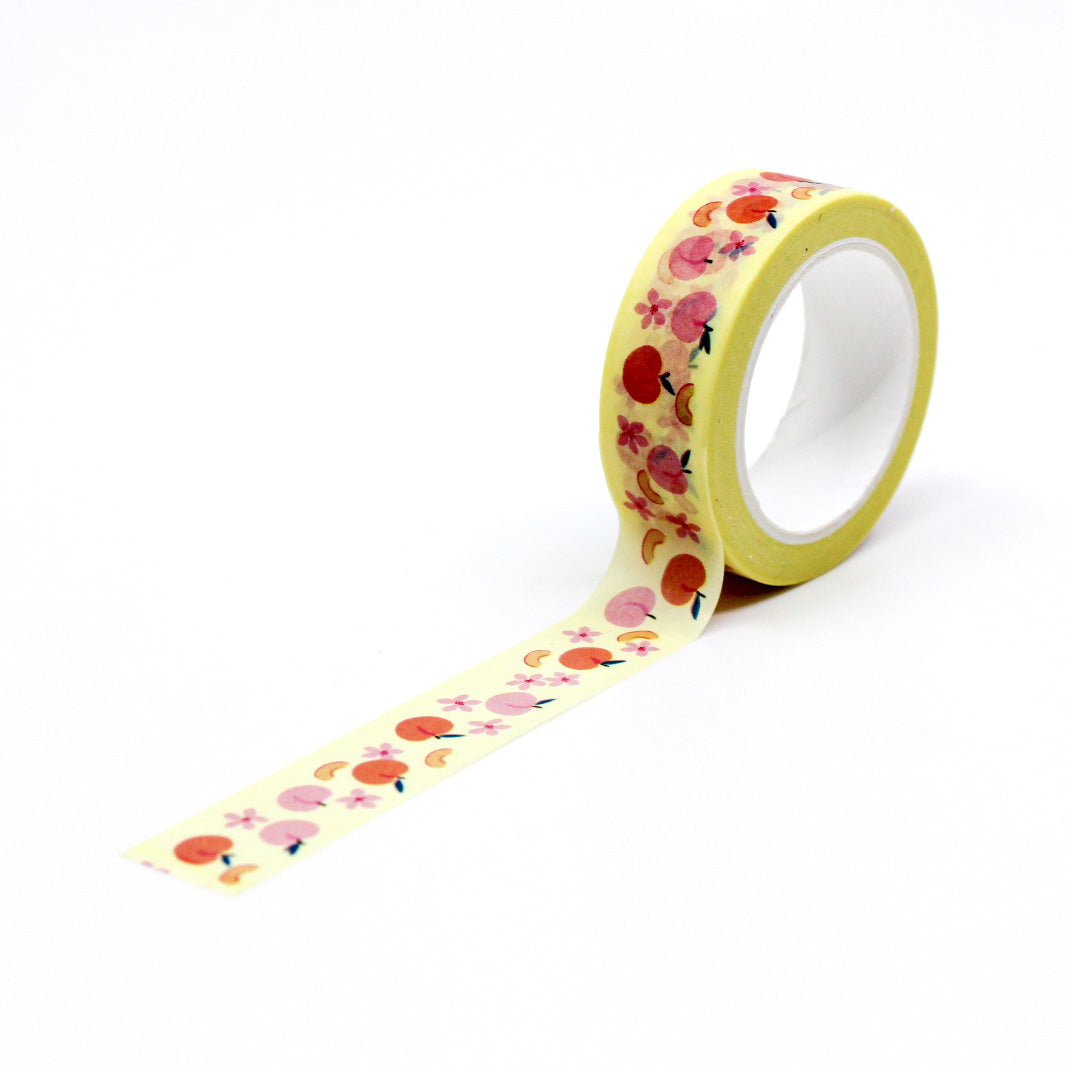 Peaches Fruit Washi Tape with illustrated peaches on a soft pastel background, perfect for planners, scrapbooks, and craft projects.