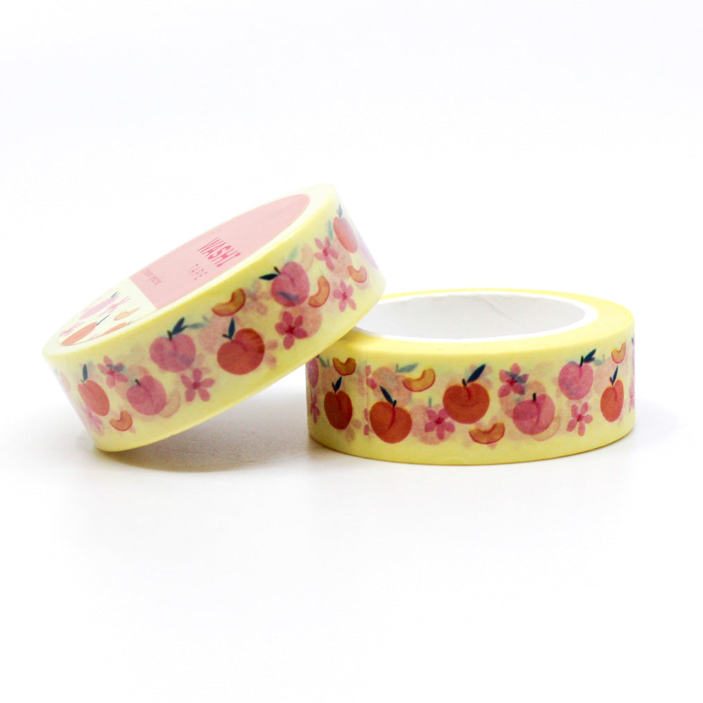 Peaches Fruit Washi Tape with illustrated peaches on a soft pastel background, perfect for planners, scrapbooks, and craft projects.