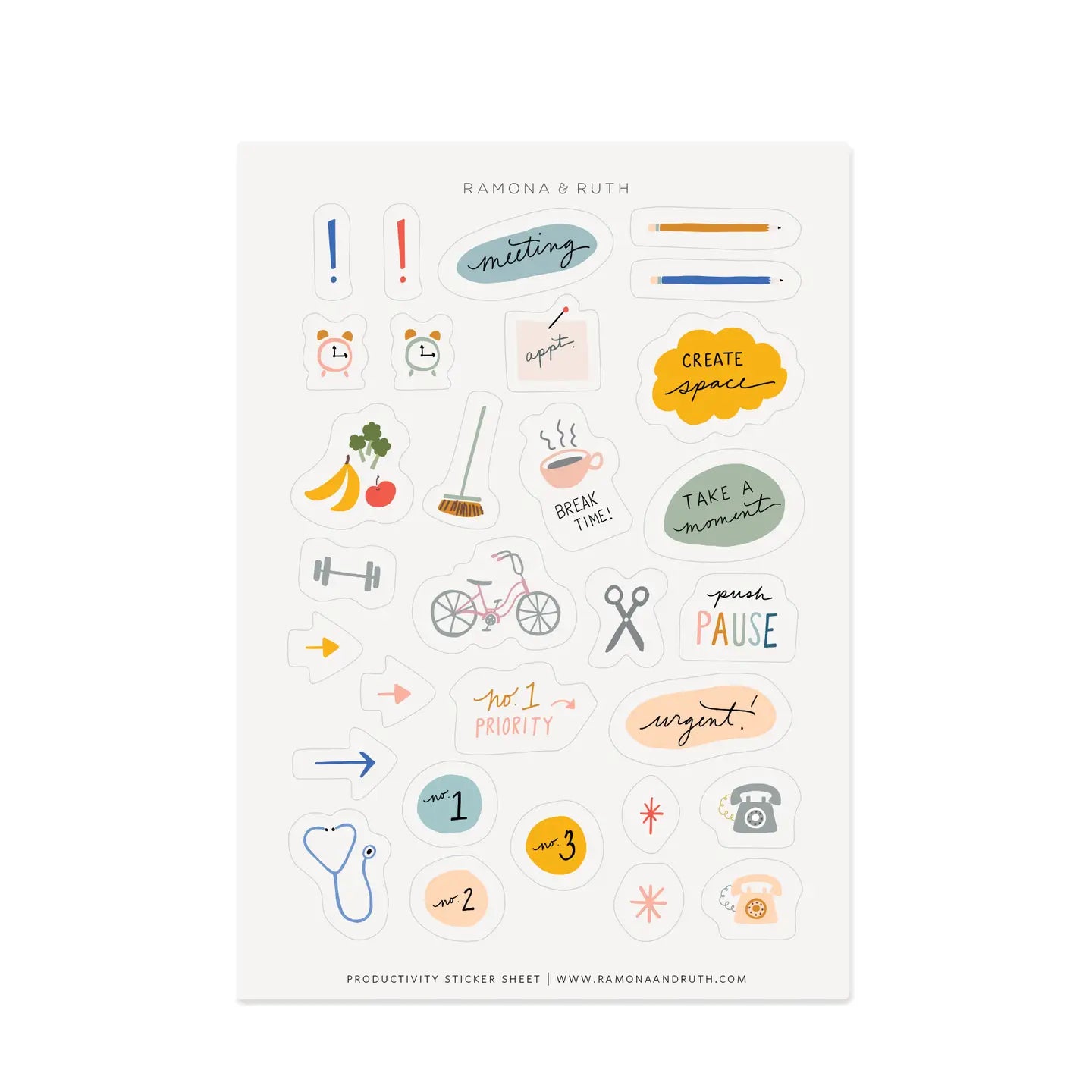 Productivity stickers sheet with various icons and text on a white background