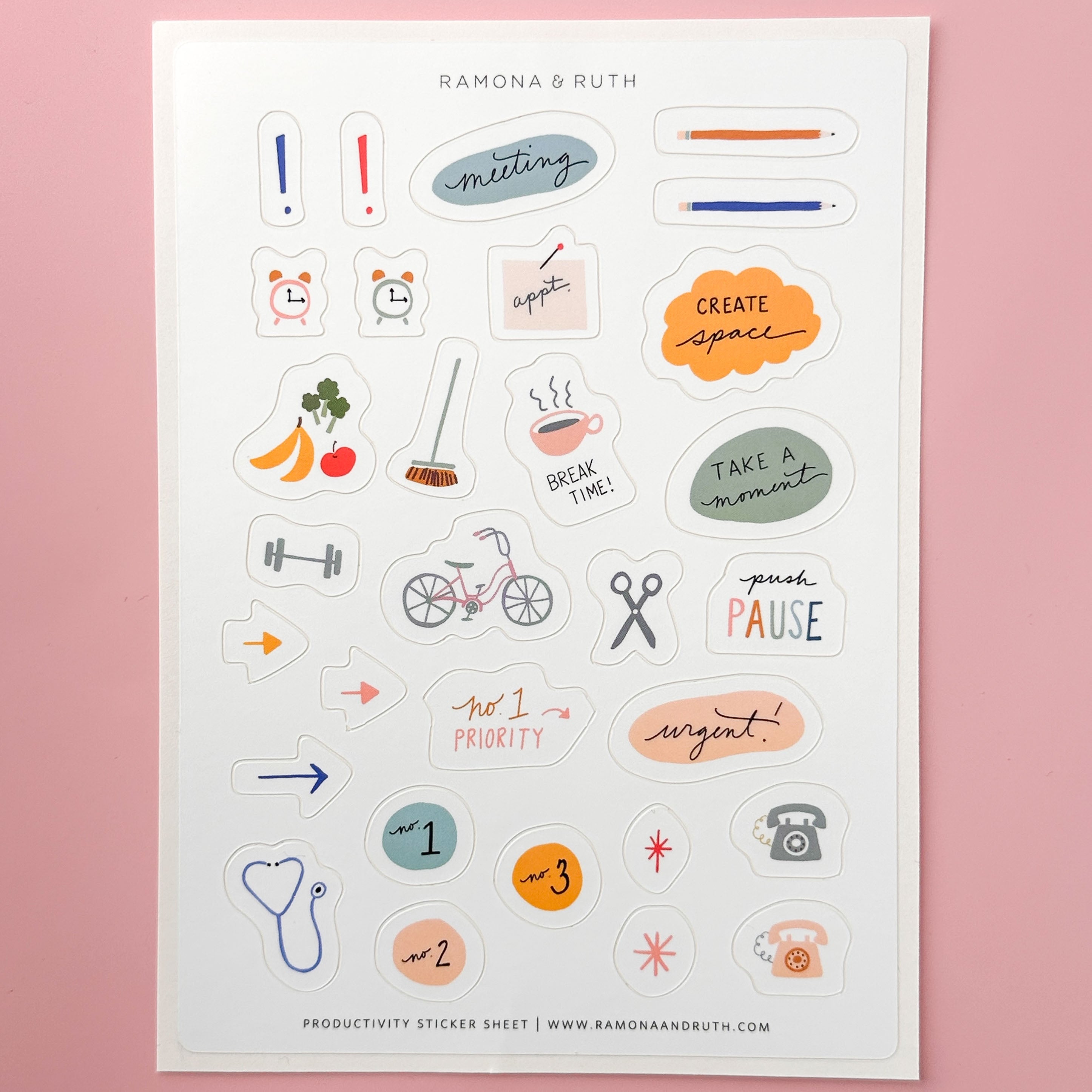 Productivity sticker sheet by Ramona & Ruth on a pink background