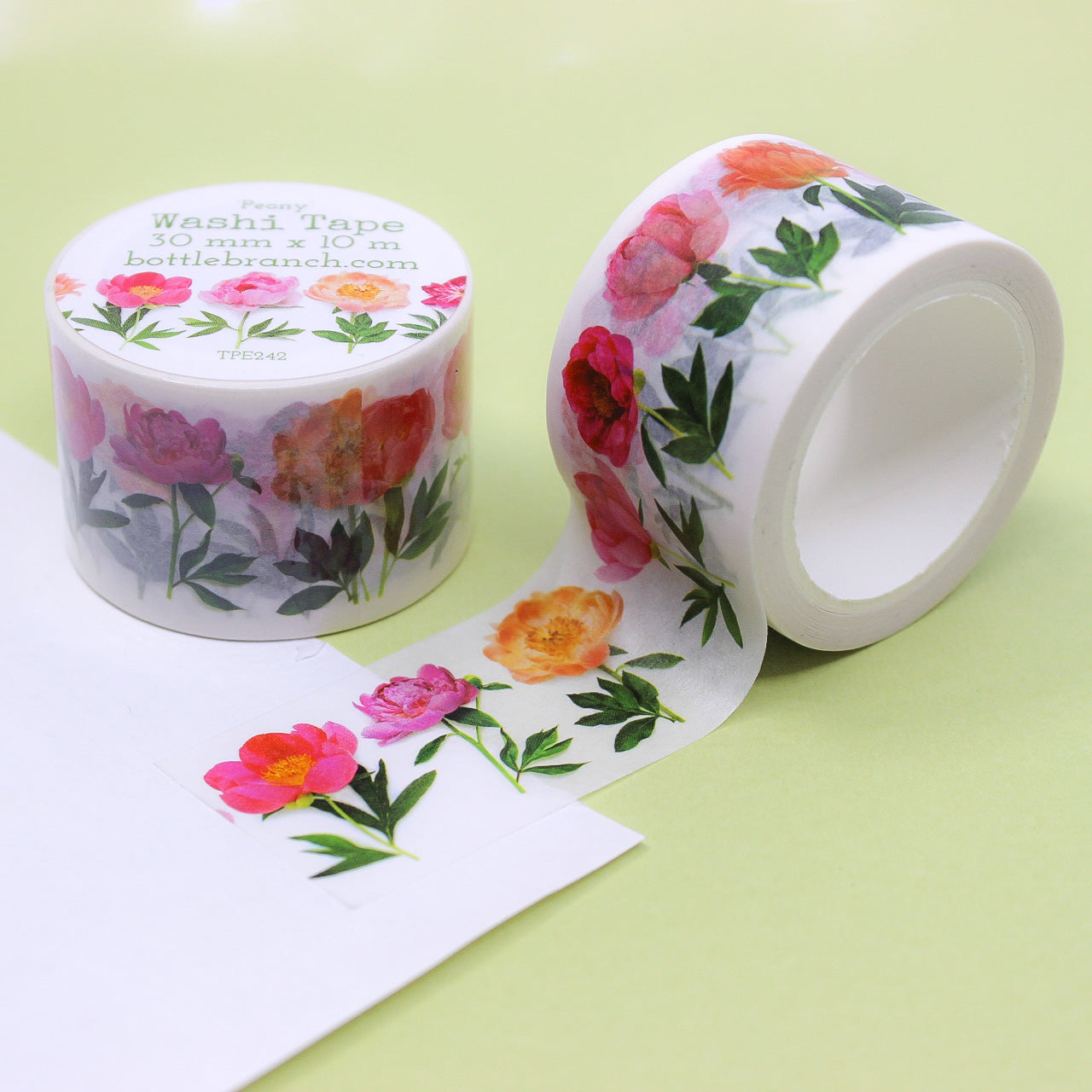 Peony Floral Washi Tape showcases beautiful peony flowers in full bloom, with intricate details and vibrant colors. This tape is perfect for adding a touch of elegance to your crafts, scrapbooking, or decorating projects. This tape is from Bottle Branch Designs and sold at BBB Supplies Craft Shop.