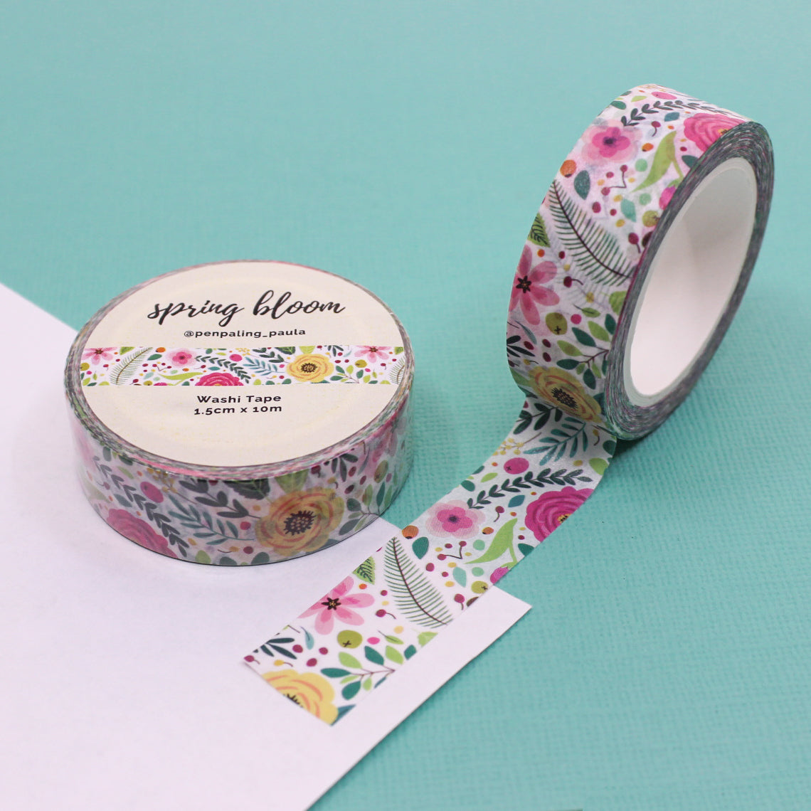 Spring Pink Blooms Washi Tape: Delicate pink floral washi tape, ideal for adding a touch of springtime elegance to your crafting projects and journals. This tape is designed by Penpaling Paula and sold at BBB Supplies Craft Shop.