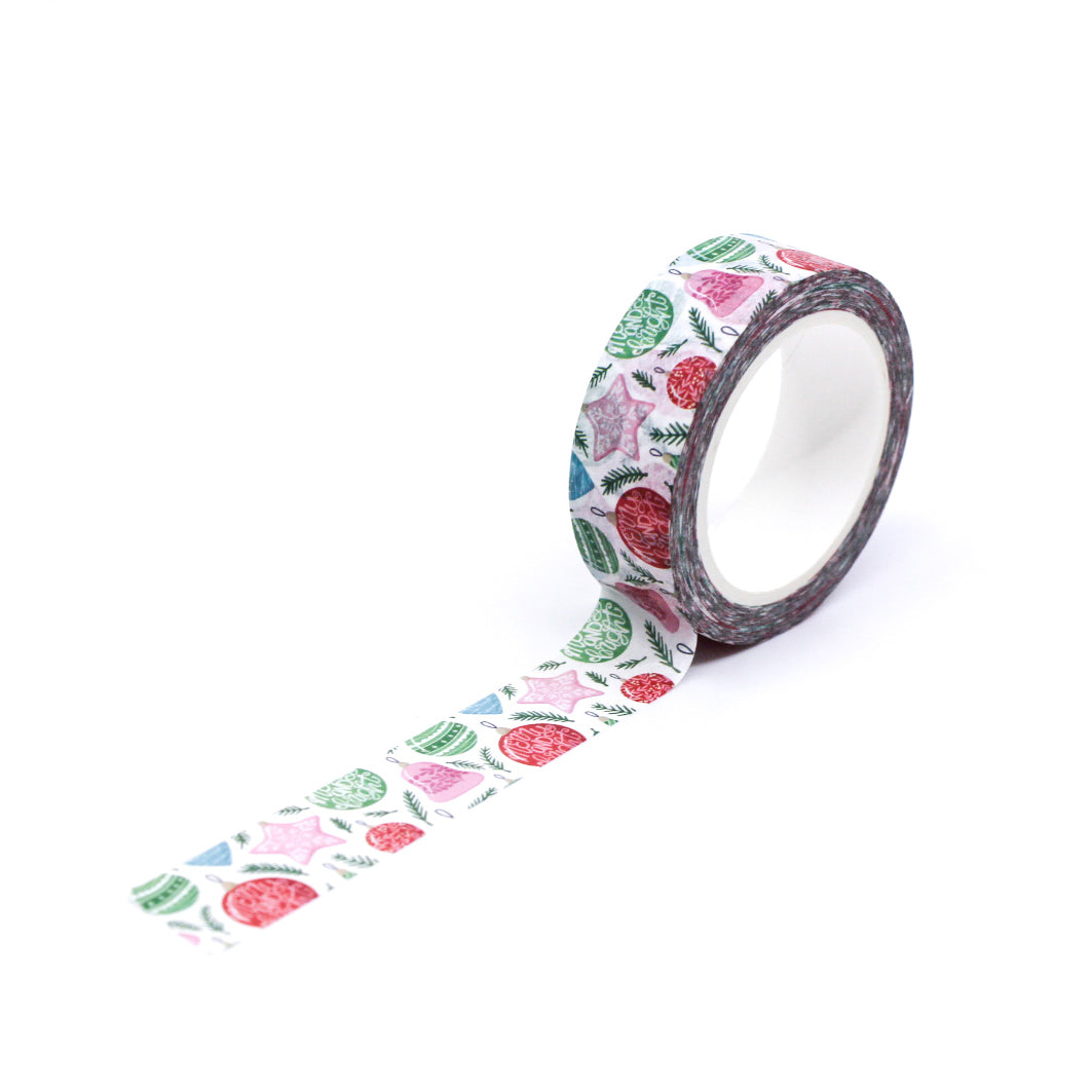 Pink Christmas Ornaments Washi Tape with festive holiday bauble designs, perfect for adding a touch of elegance to your seasonal crafts. This tape is from PenPaling Paula and sold at BBB Supplies Craft Shop.