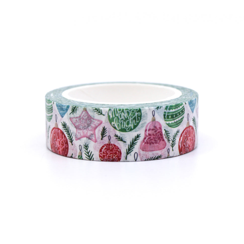 Pink Christmas Ornaments Washi Tape with festive holiday bauble designs, perfect for adding a touch of elegance to your seasonal crafts. This tape is from PenPaling Paula and sold at BBB Supplies Craft Shop.