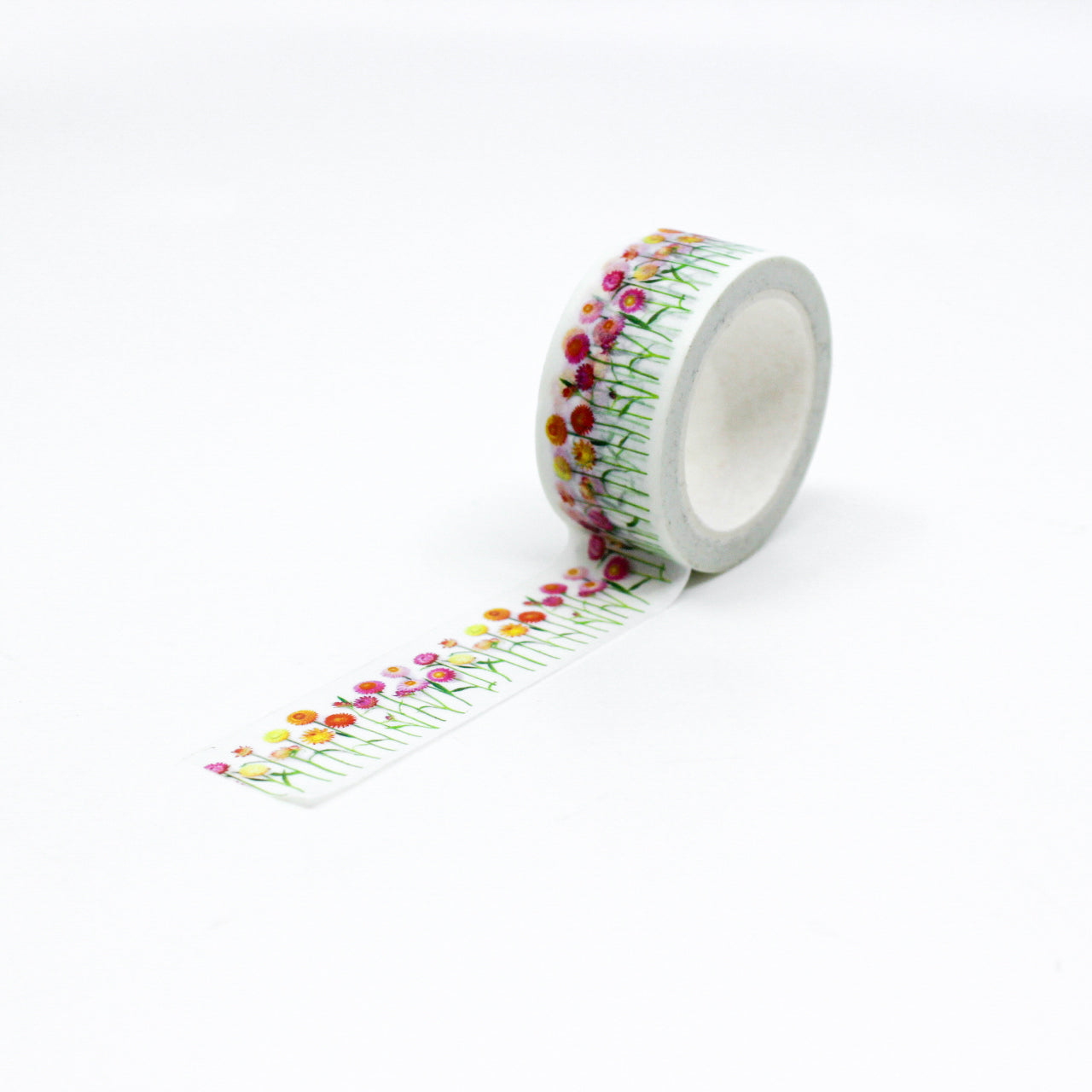 Elevate your crafts with our exquisite pink strawflower washi tape, adorned with intricate floral designs that exude grace and beauty. Add a touch of delicate elegance with our pink strawflower washi tape, featuring charming floral patterns in shades of pink, orange, and yellow. This tape is designed by bottle branch and sold at BBB Supplies Craft Shop.