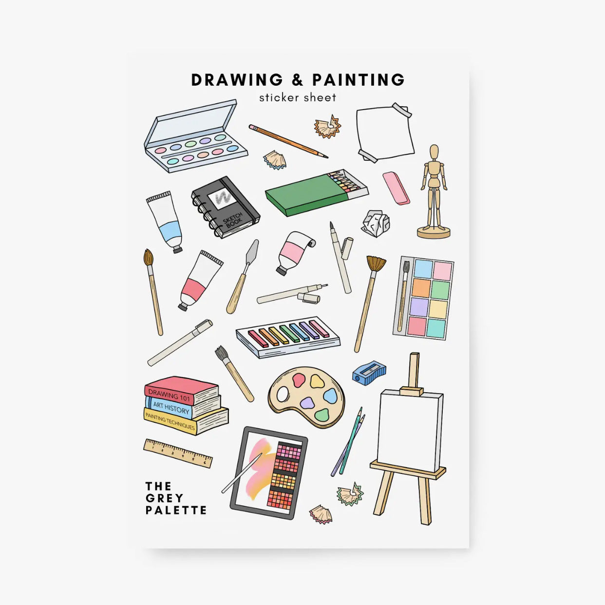 This sticker sheet freatures illusrations of paining and drawing tools perfect for a craft enthusiast or journaling addict. This sticker sheet is designed by The Grey Palette and sold at BBB Supplies Craft Shop.