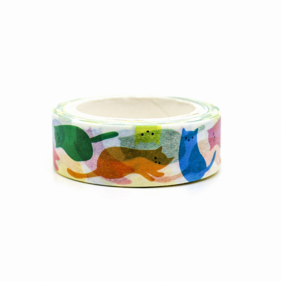 Rainbow Color Cats Washi Tape featuring cute cats in vibrant rainbow hues, perfect for adding a playful and colorful touch to any planner, journal, or craft project.