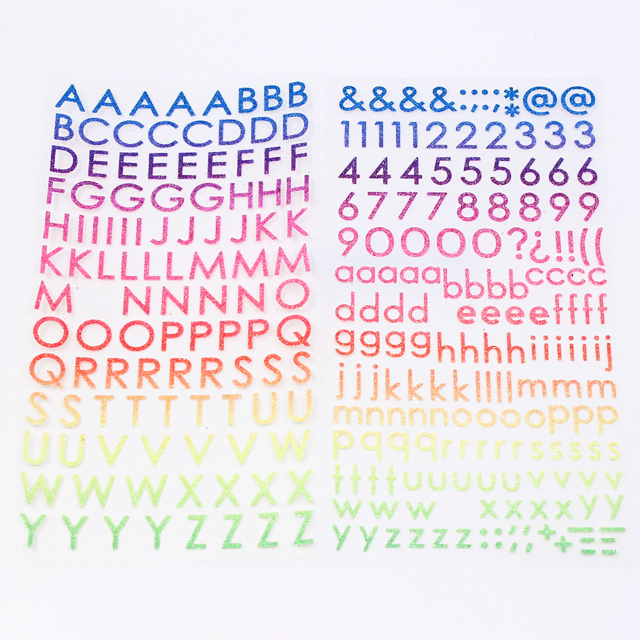 Add sparkle to your crafts with our glitter rainbow color letter stickers, featuring a shimmering assortment of letters in a vibrant spectrum of colors. These letters are sold at BBB Supplies Craft Shop.