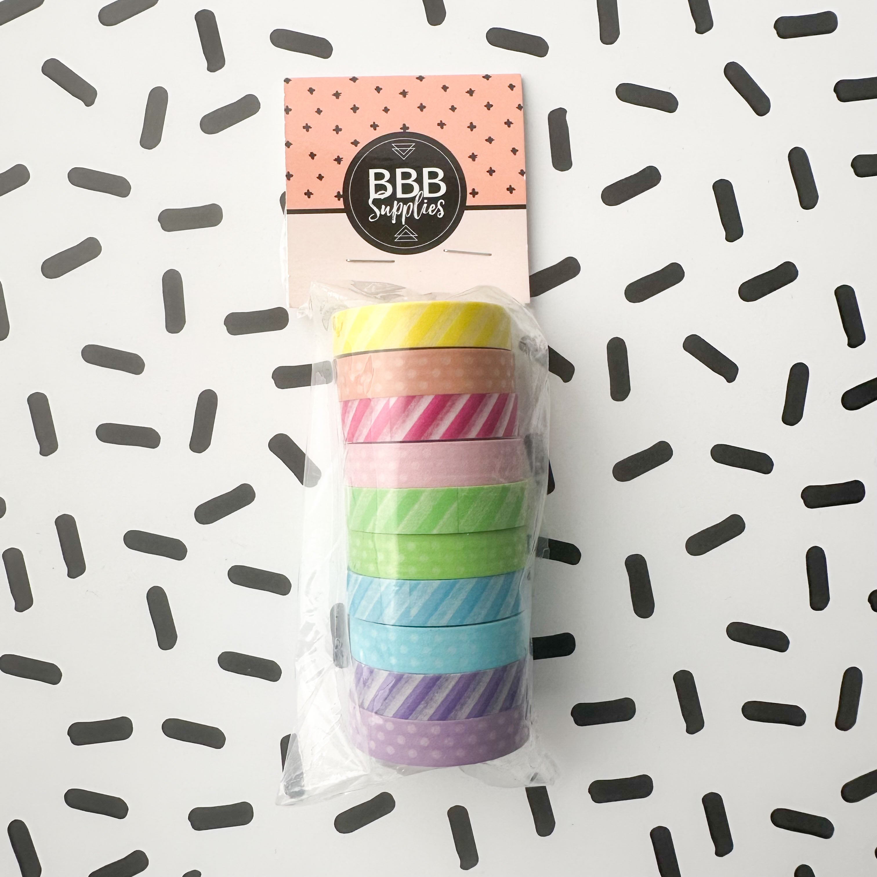 Colorful pastel washi rolls with stripe and polka dot patterns