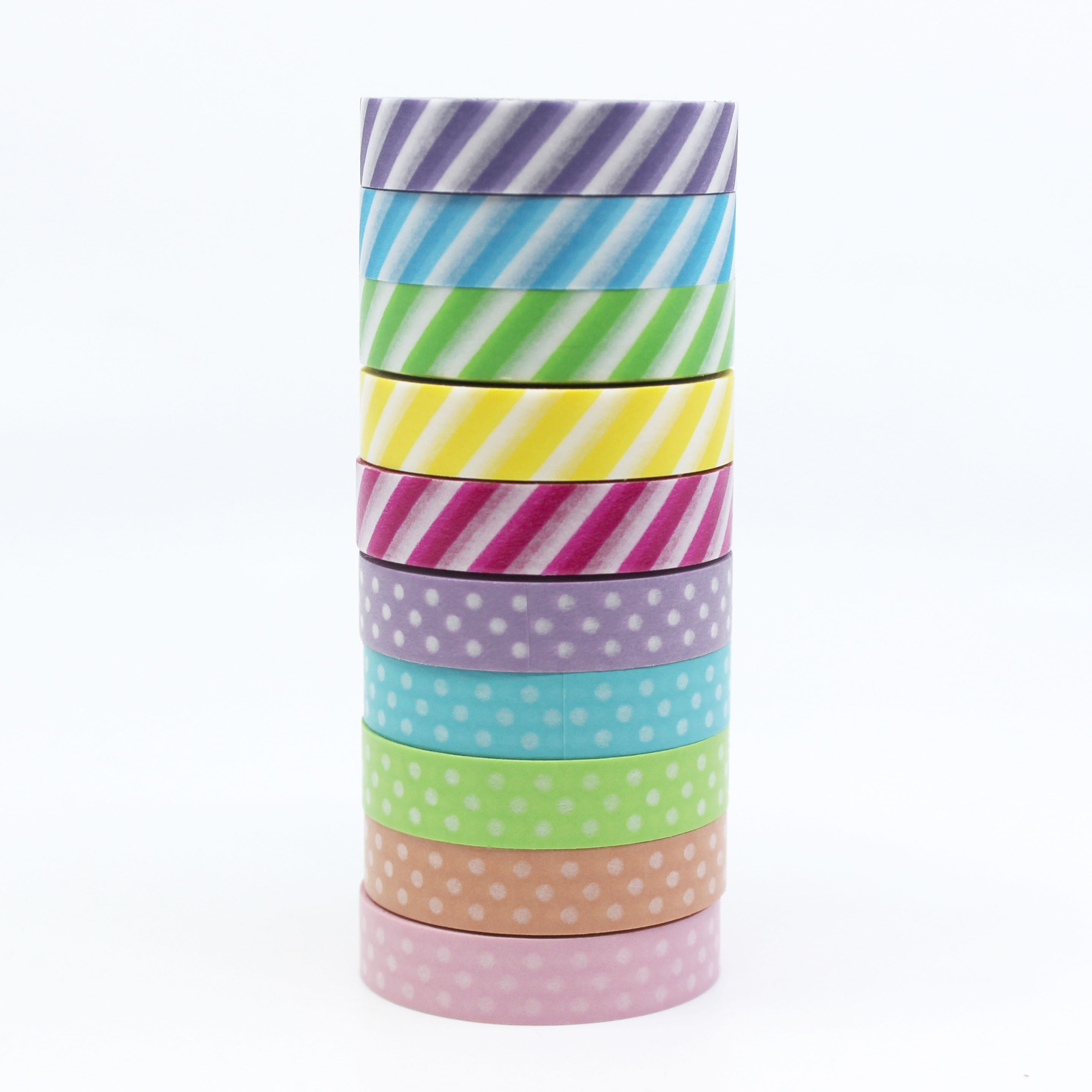 Colorful pastel washi rolls with stripe and polka dot patterns