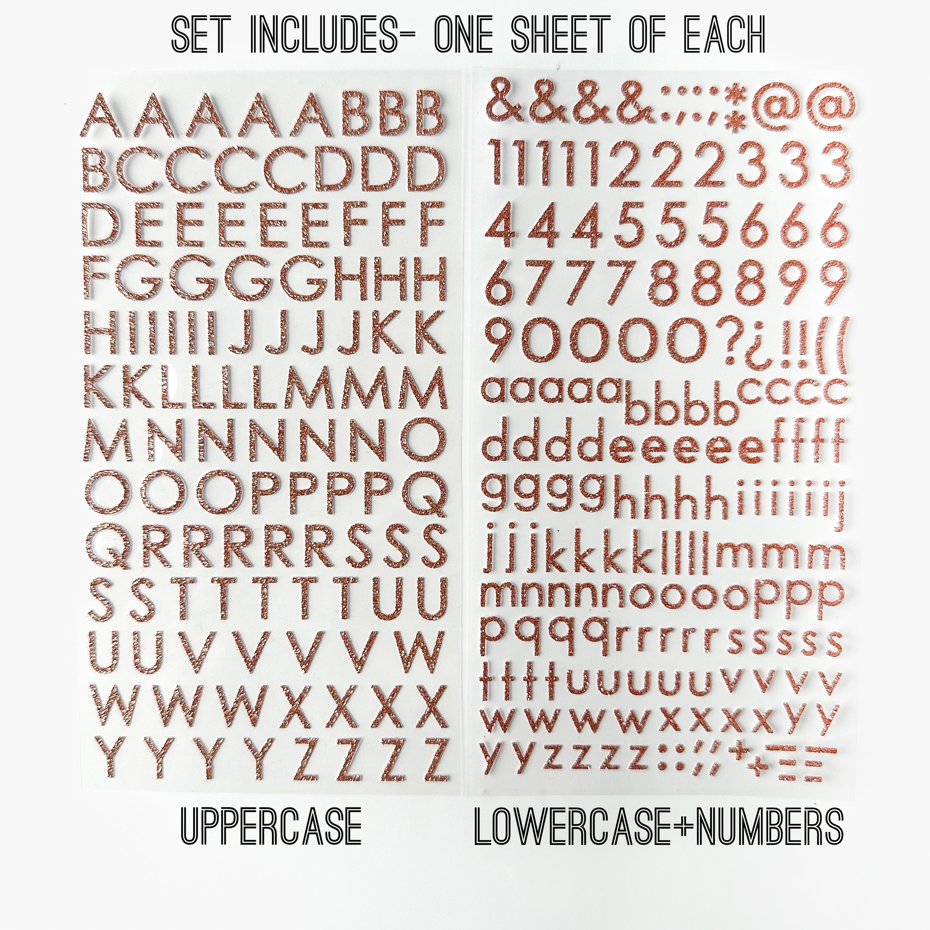 Add sparkle to your crafts with our glitter rose gold color letter stickers, featuring a shimmering assortment of letters in a vibrant spectrum of colors. These glitter stickers are sold at BBB Supplies Craft Shop.